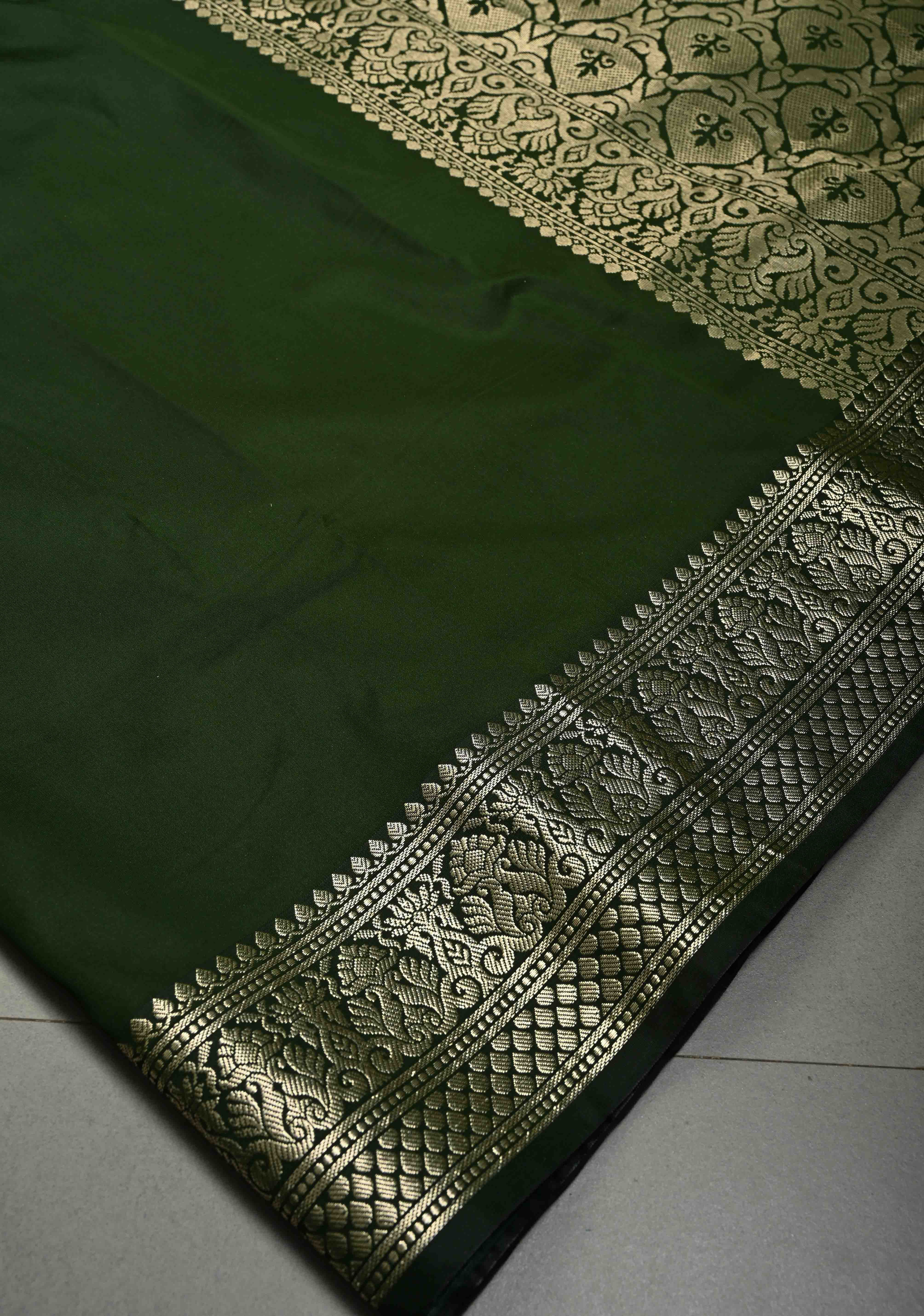 Deep Forest Green Semi Silk Saree with Zari Border | SHOBITAM