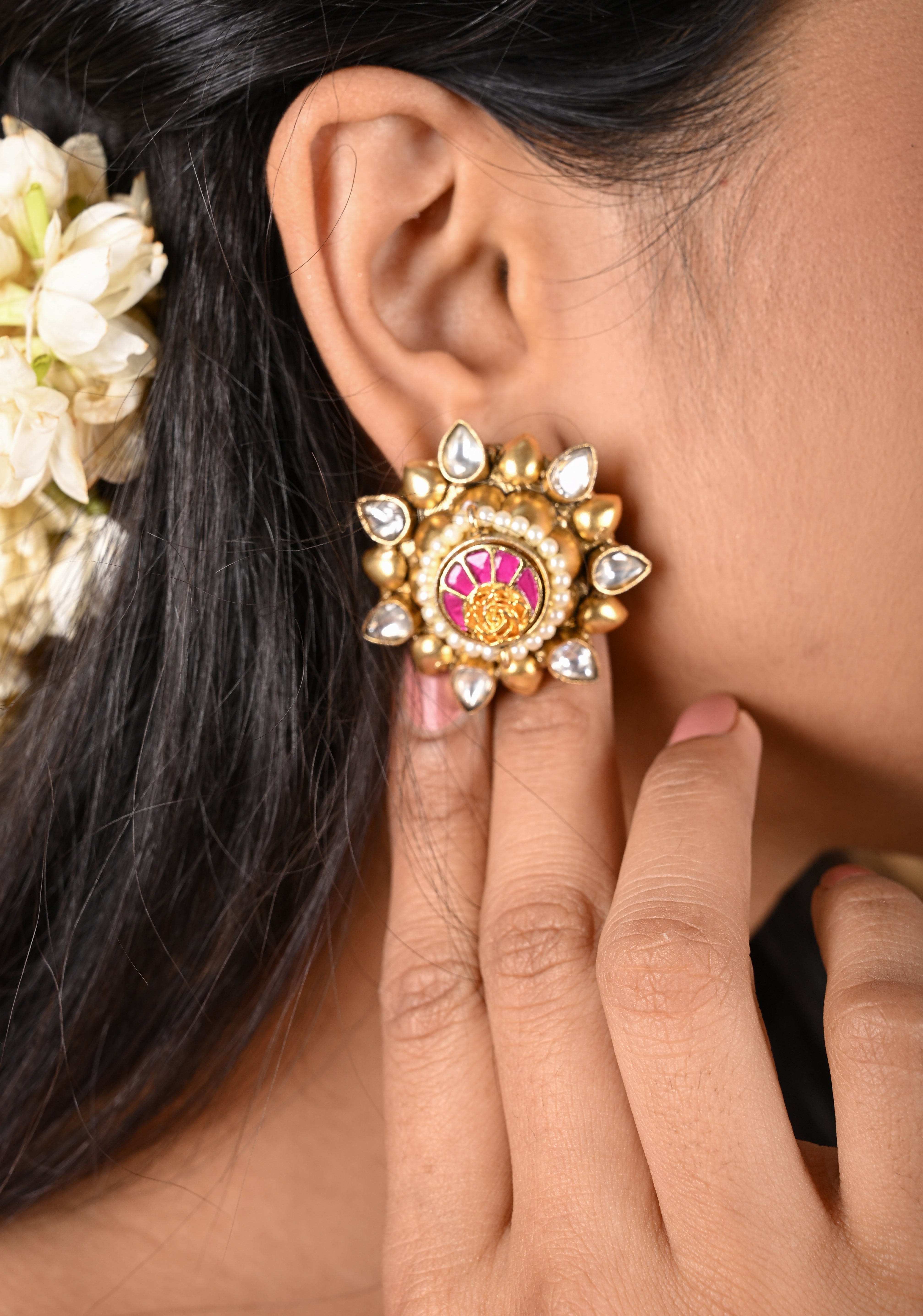 Gold statement studs with Pink Kundan embellishments, lightweight jewelry  | Shobitam Jewelry