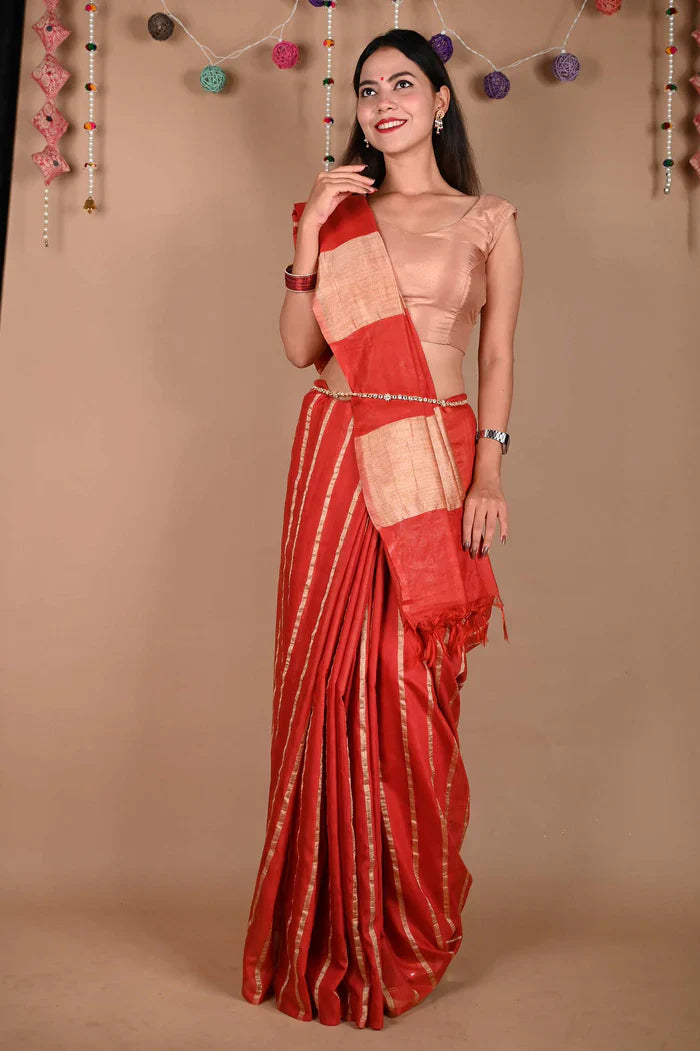 Ready To Wear Red Bhagalpuri Cotton Silk with woven zari & Ornate Pallu Wrap in 1 minute saree