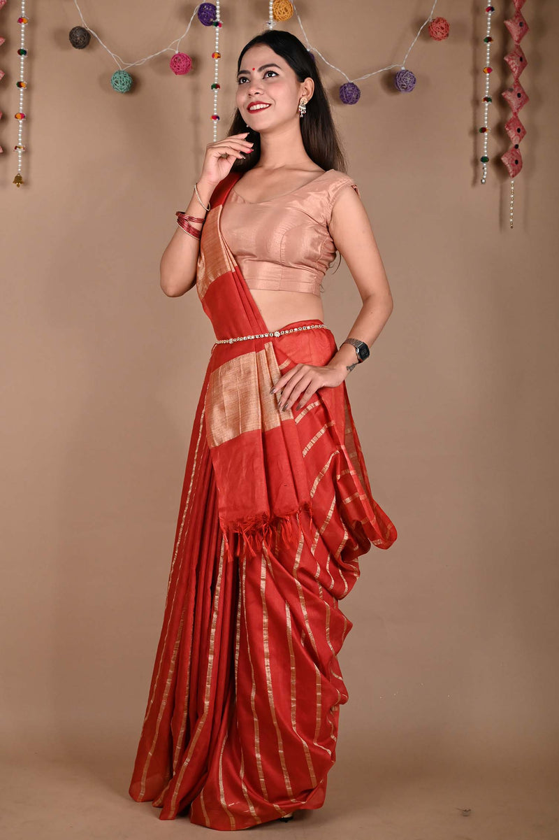 Ready To Wear Red  Premium Bhagalpuri Cotton Silk with woven zari & Ornate Pallu  Wrap in 1 minute saree - Isadora Life