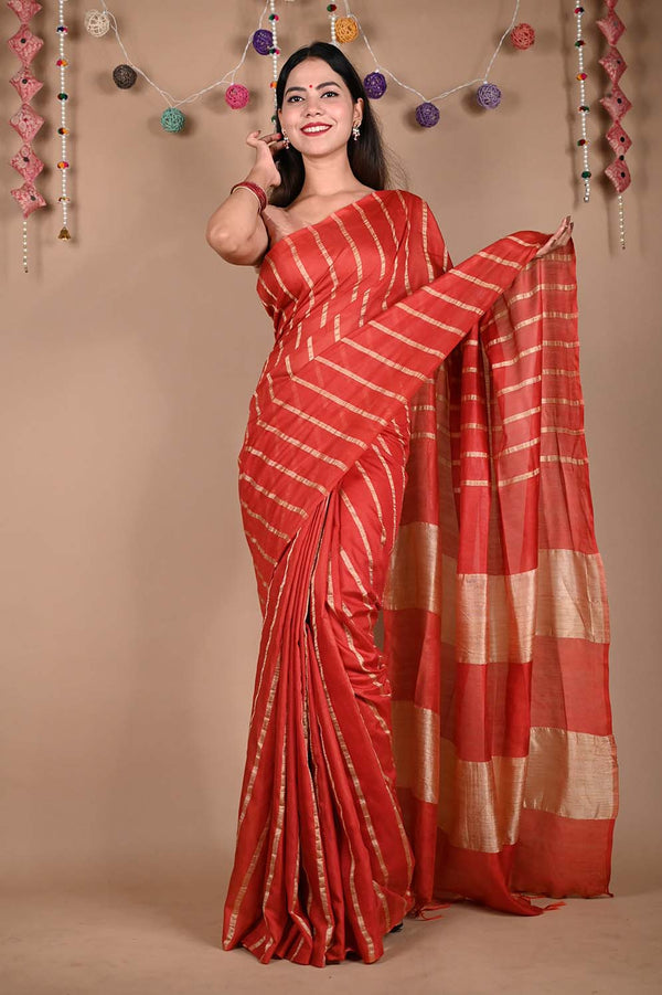 Ready To Wear Red  Premium Bhagalpuri Cotton Silk with woven zari & Ornate Pallu  Wrap in 1 minute saree