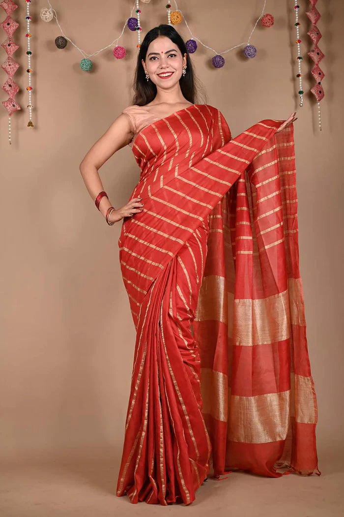 Ready To Wear Red Bhagalpuri Cotton Silk with woven zari & Ornate Pallu Wrap in 1 minute saree
