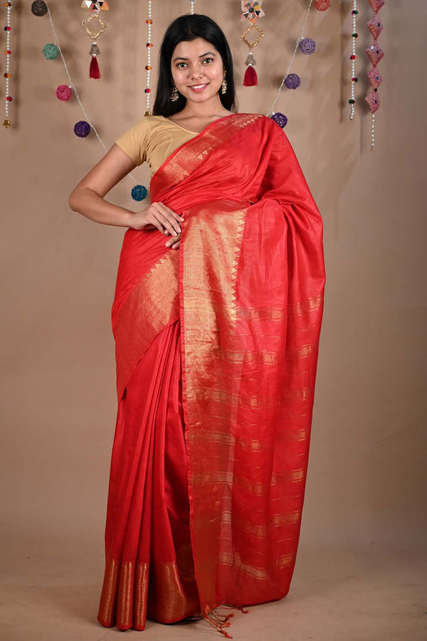 Ready To Wear Red south cotton silk With Zari Temple Border And Ornate Pallu Wrap in 1 minute saree