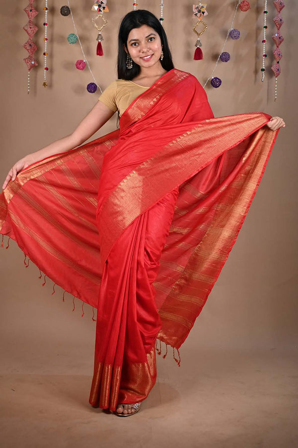 Ready To Wear Red south cotton silk With Zari Temple Border And Ornate Pallu Wrap in 1 minute saree