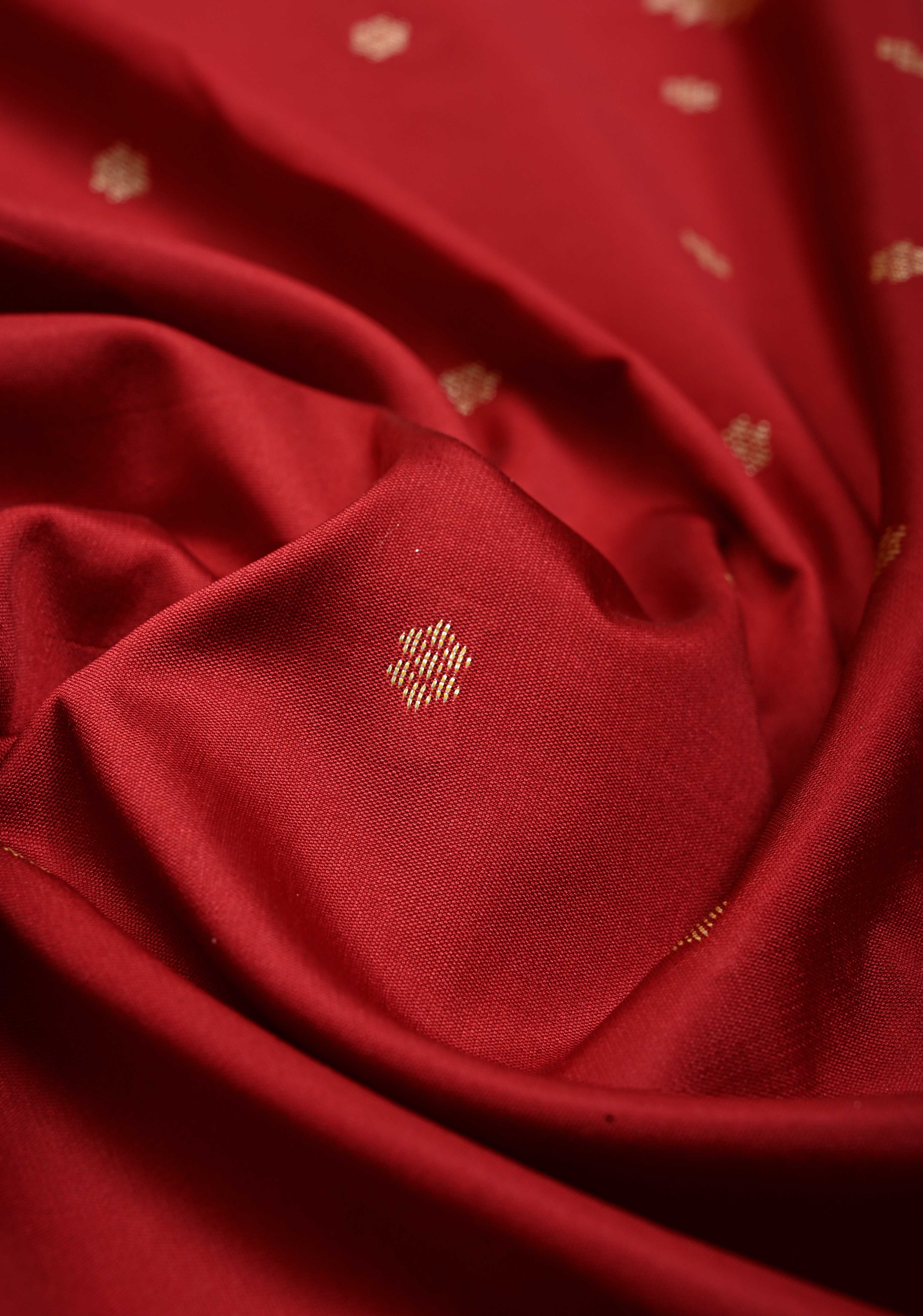 Rose Red Semi Silk Saree with Zari Buttis and Floral Minimal Zari Border | SHOBITAM