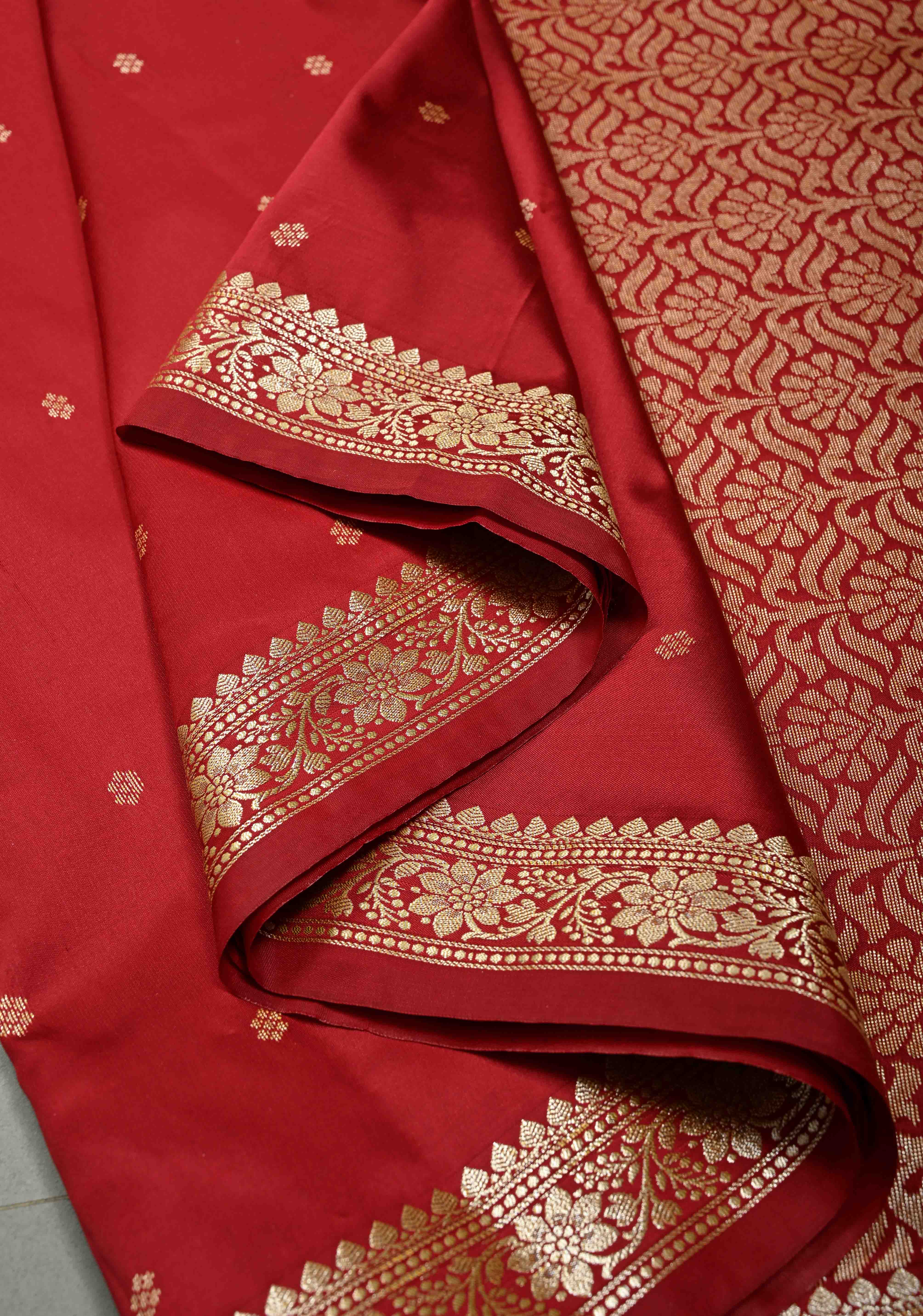 Rose Red Semi Silk Saree with Zari Buttis and Floral Minimal Zari Border | SHOBITAM