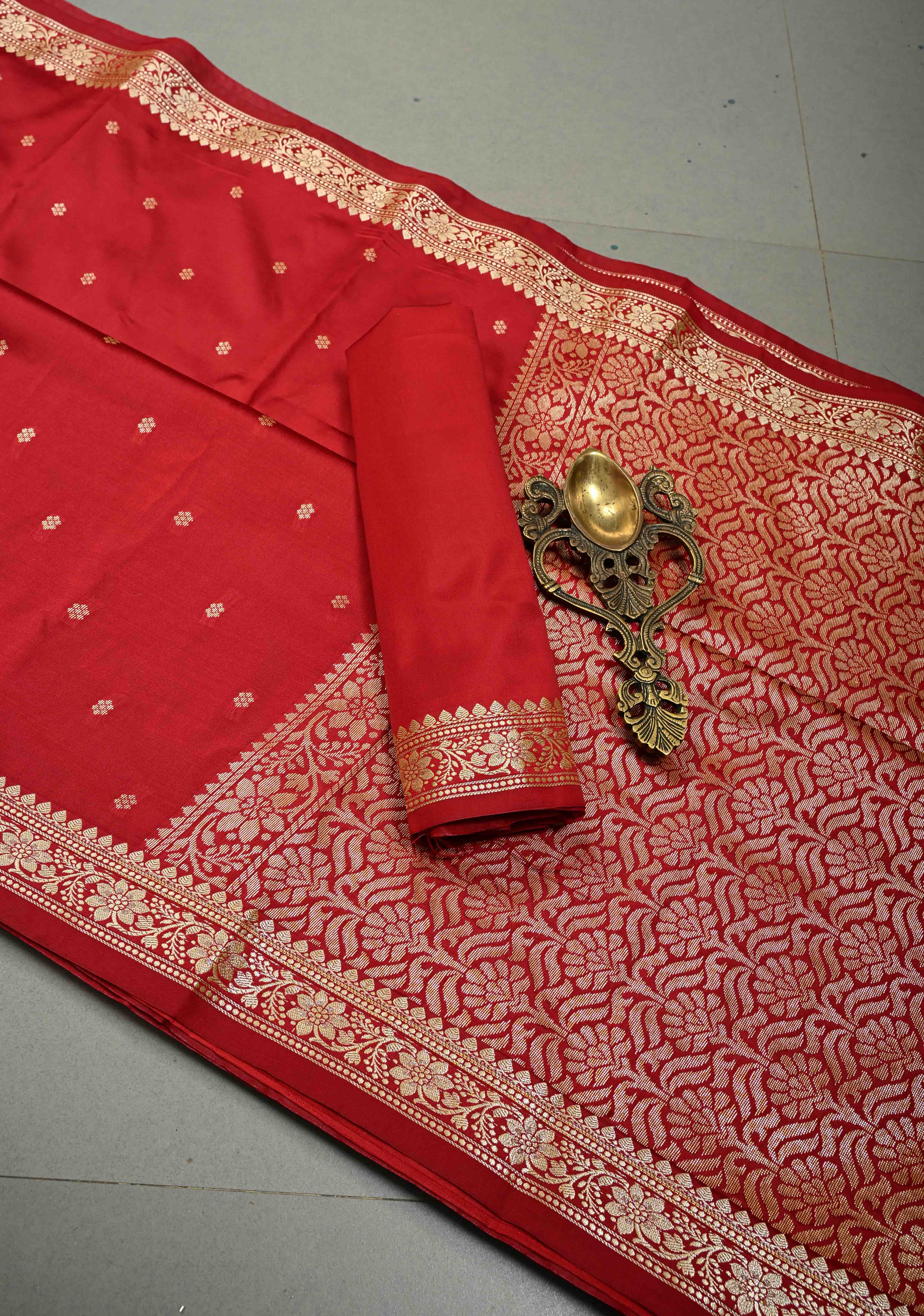 Rose Red Semi Silk Saree with Zari Buttis and Floral Minimal Zari Border | SHOBITAM