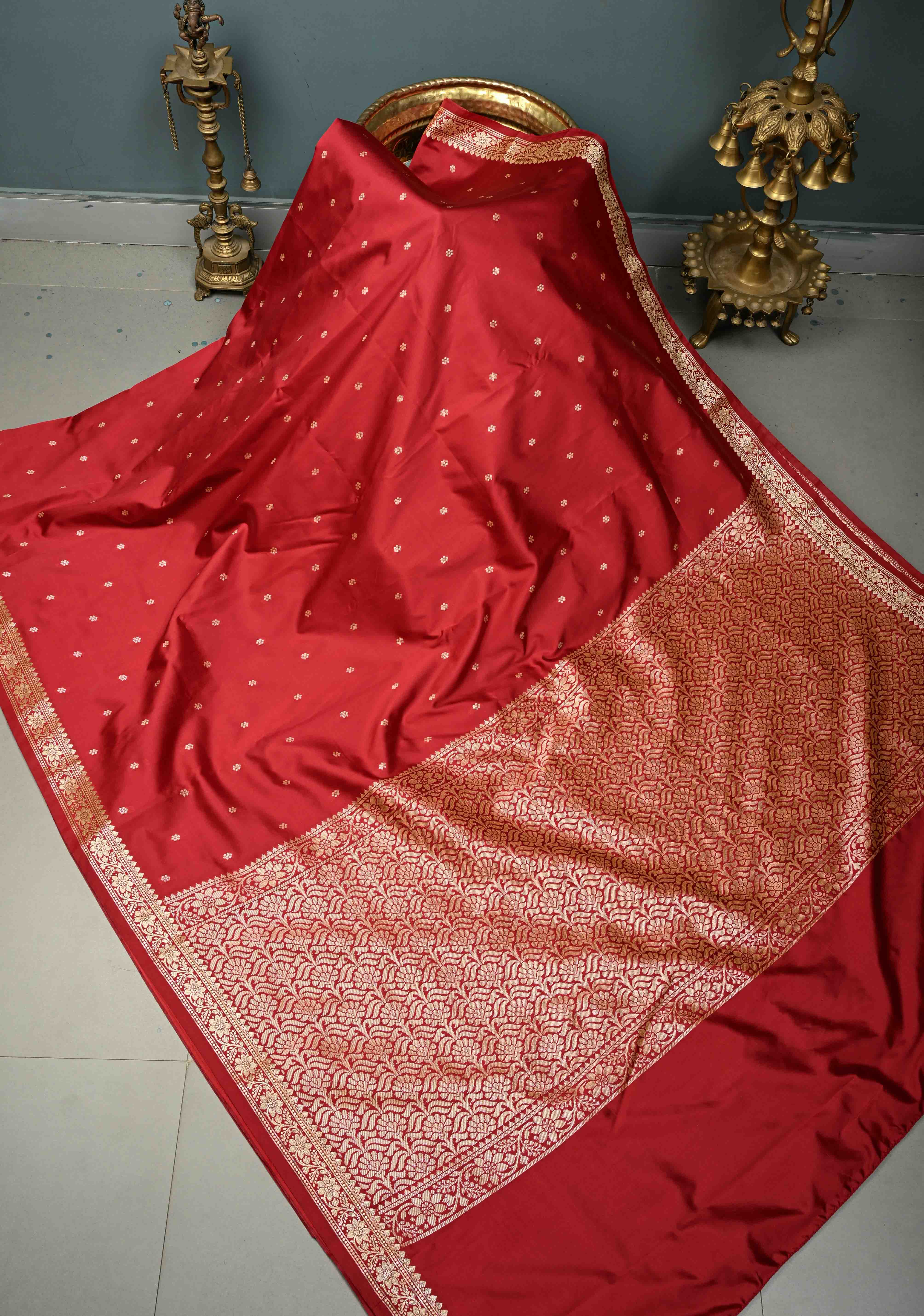 Rose Red Semi Silk Saree with Zari Buttis and Floral Minimal Zari Border | SHOBITAM