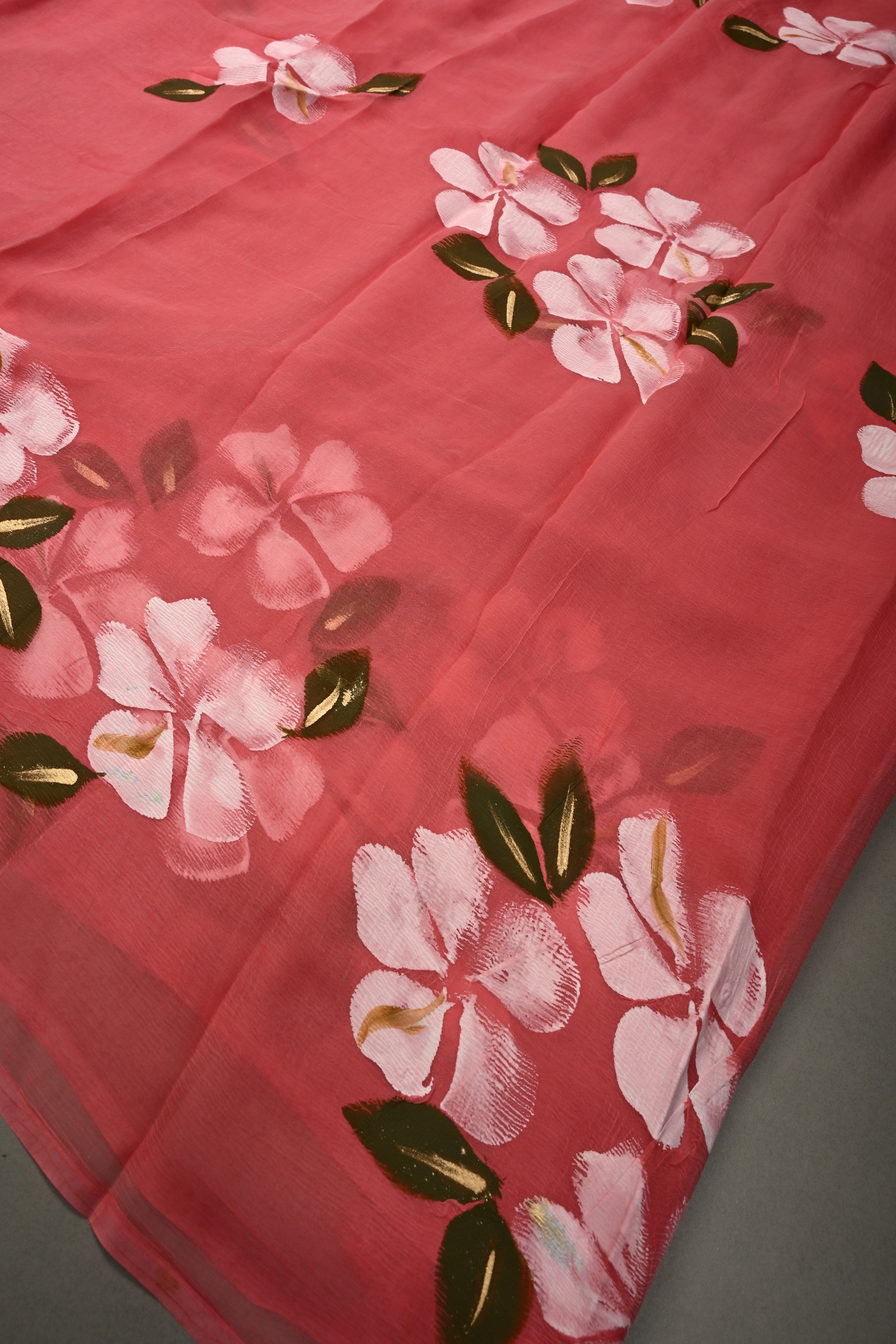 Dusty Rose Chiffon Saree with Floral Handpainted ,No Blouse Piece | Shobitam