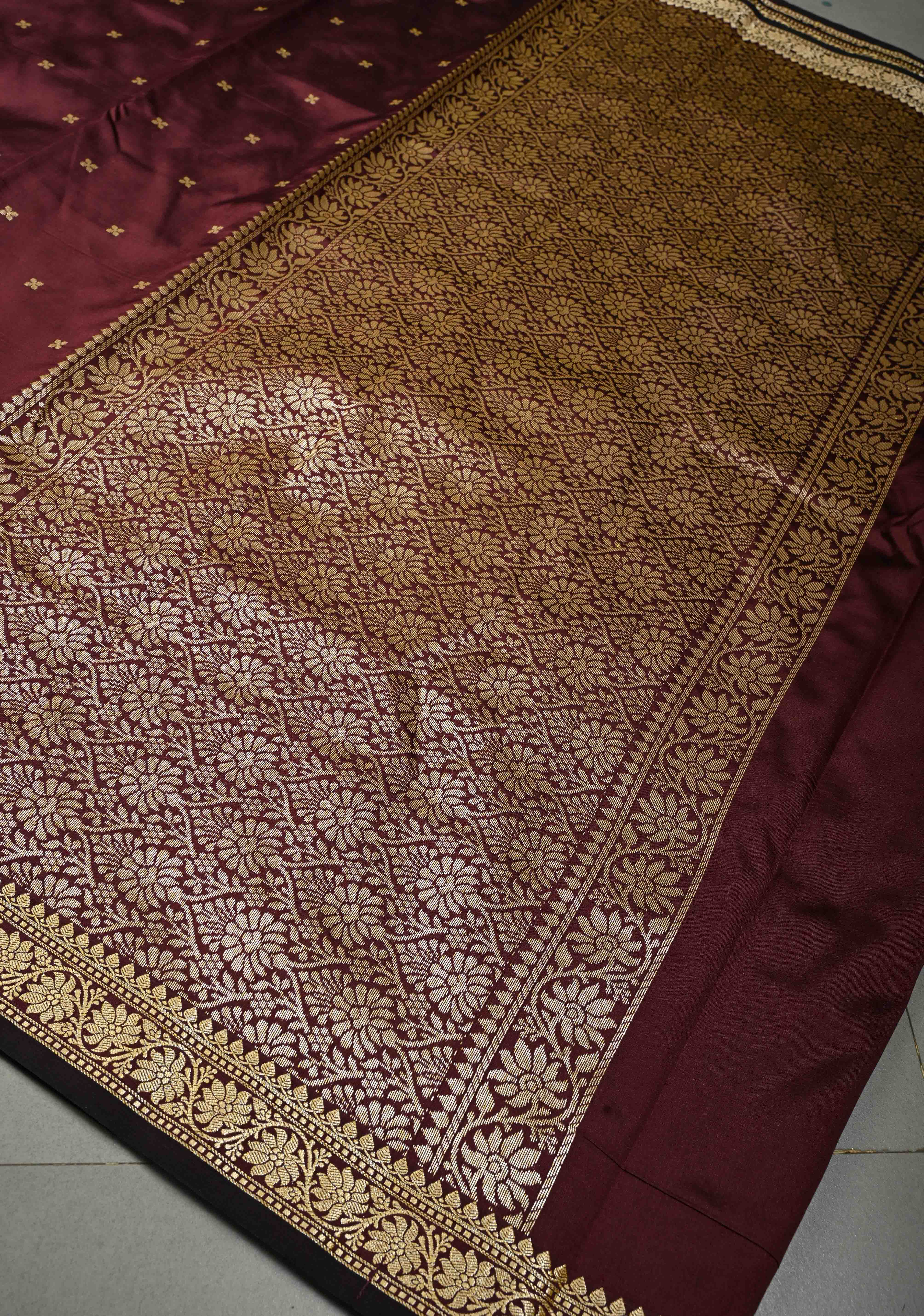 Burgundy Semi Silk Saree with Zari Buttis and Minimal Zari Border | SHOBITAM