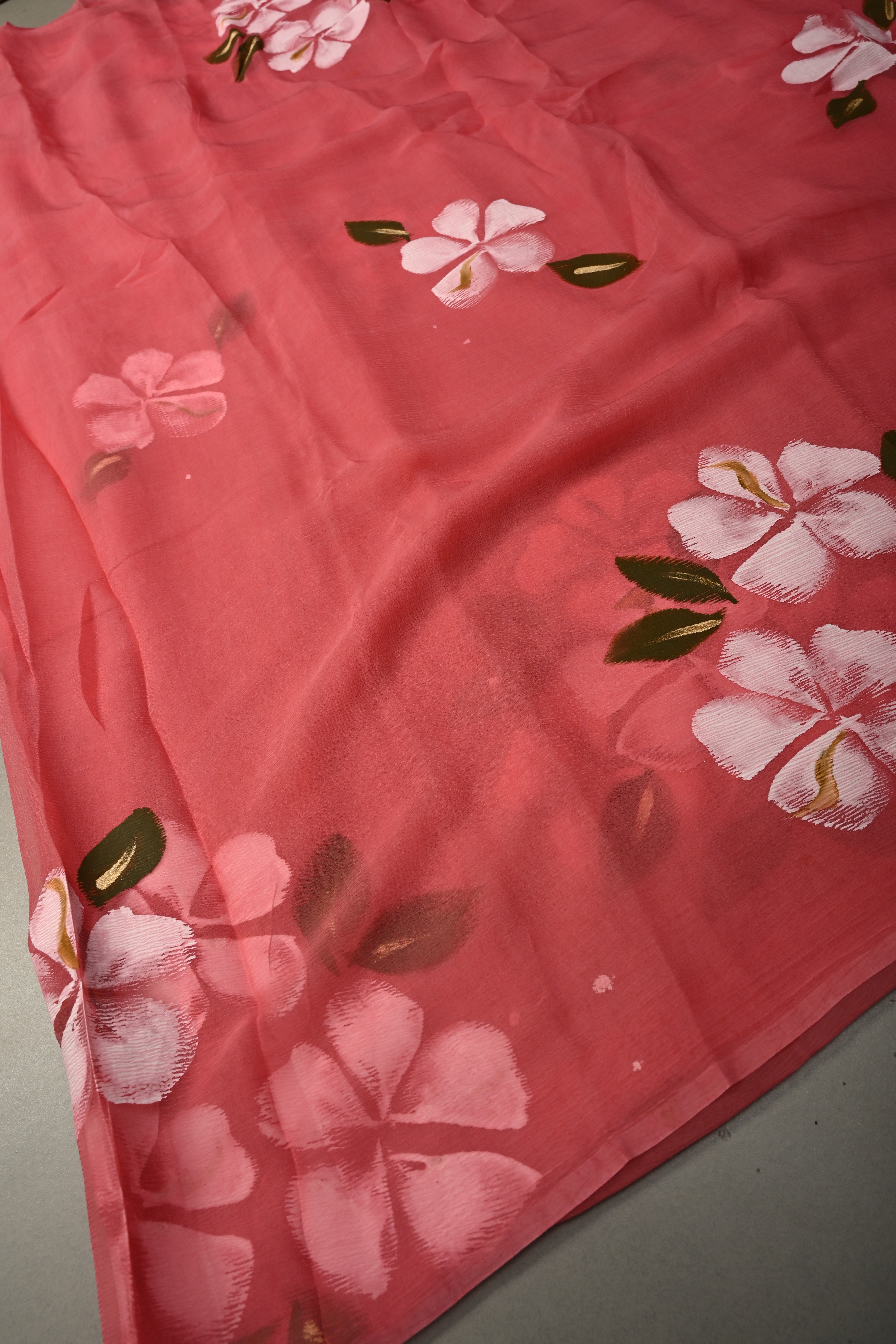 Dusty Rose Chiffon Saree with Floral Handpainted ,No Blouse Piece | Shobitam