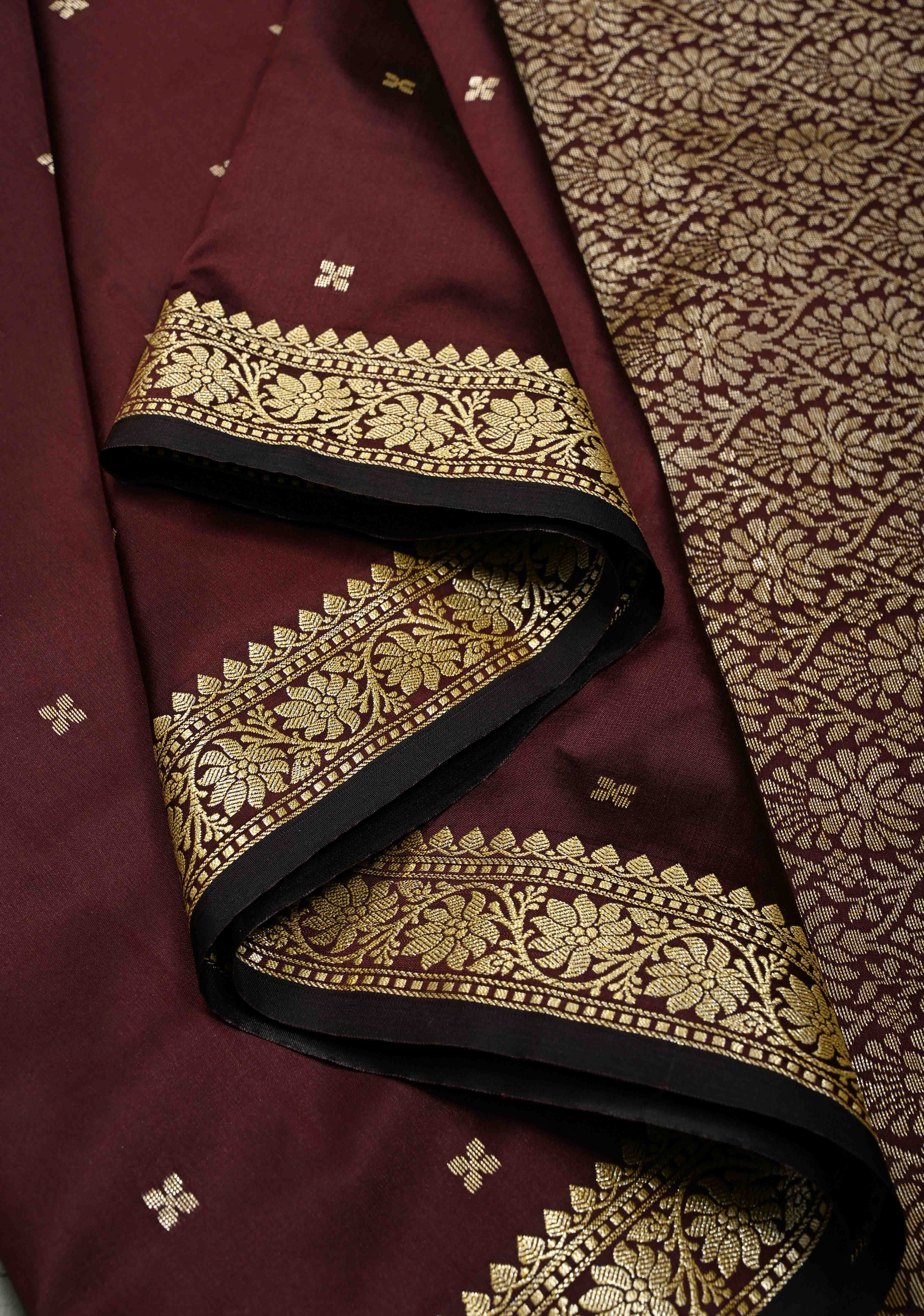 Burgundy Semi Silk Saree with Zari Buttis and Minimal Zari Border | SHOBITAM