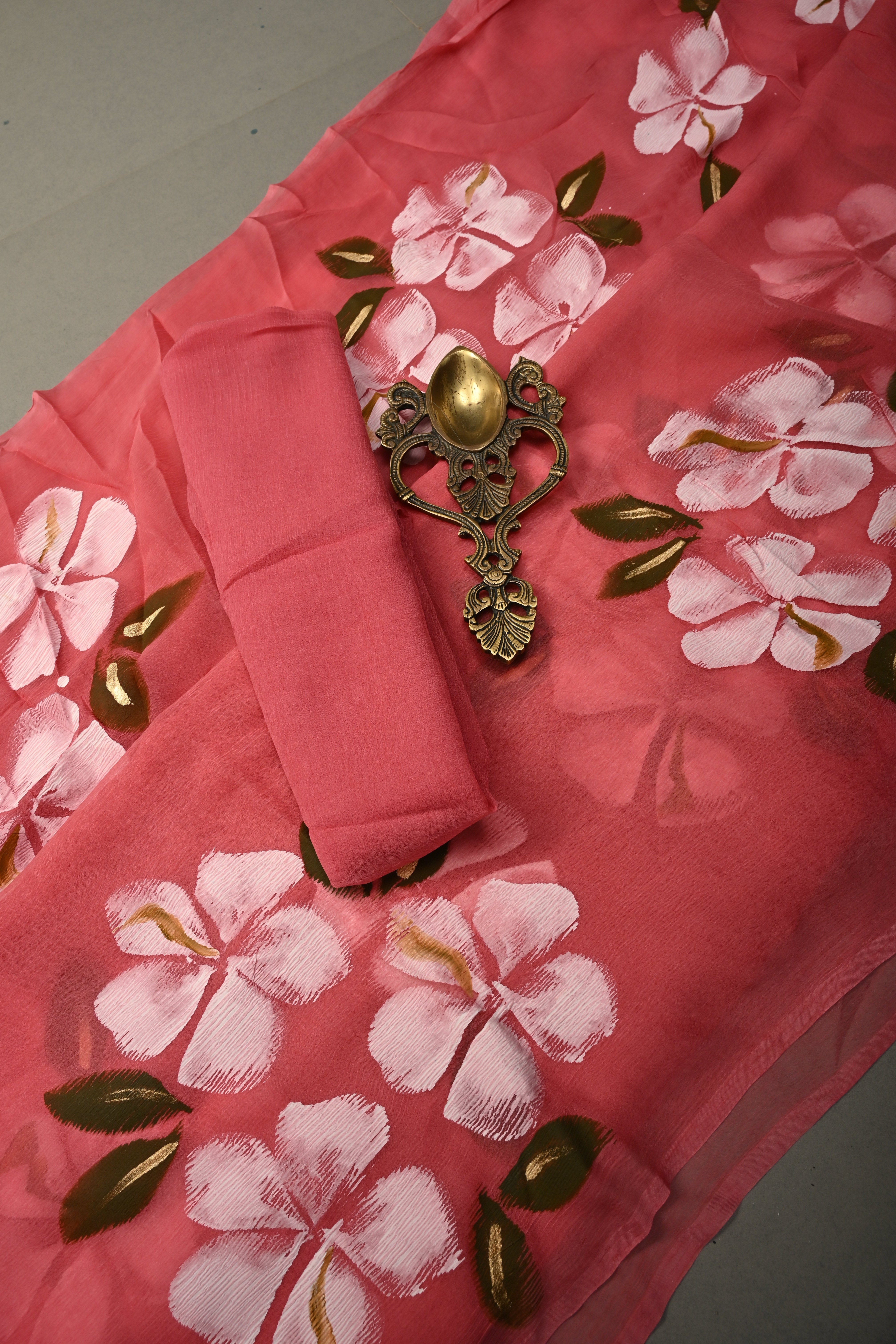 Dusty Rose Chiffon Saree with Floral Handpainted ,No Blouse Piece | Shobitam