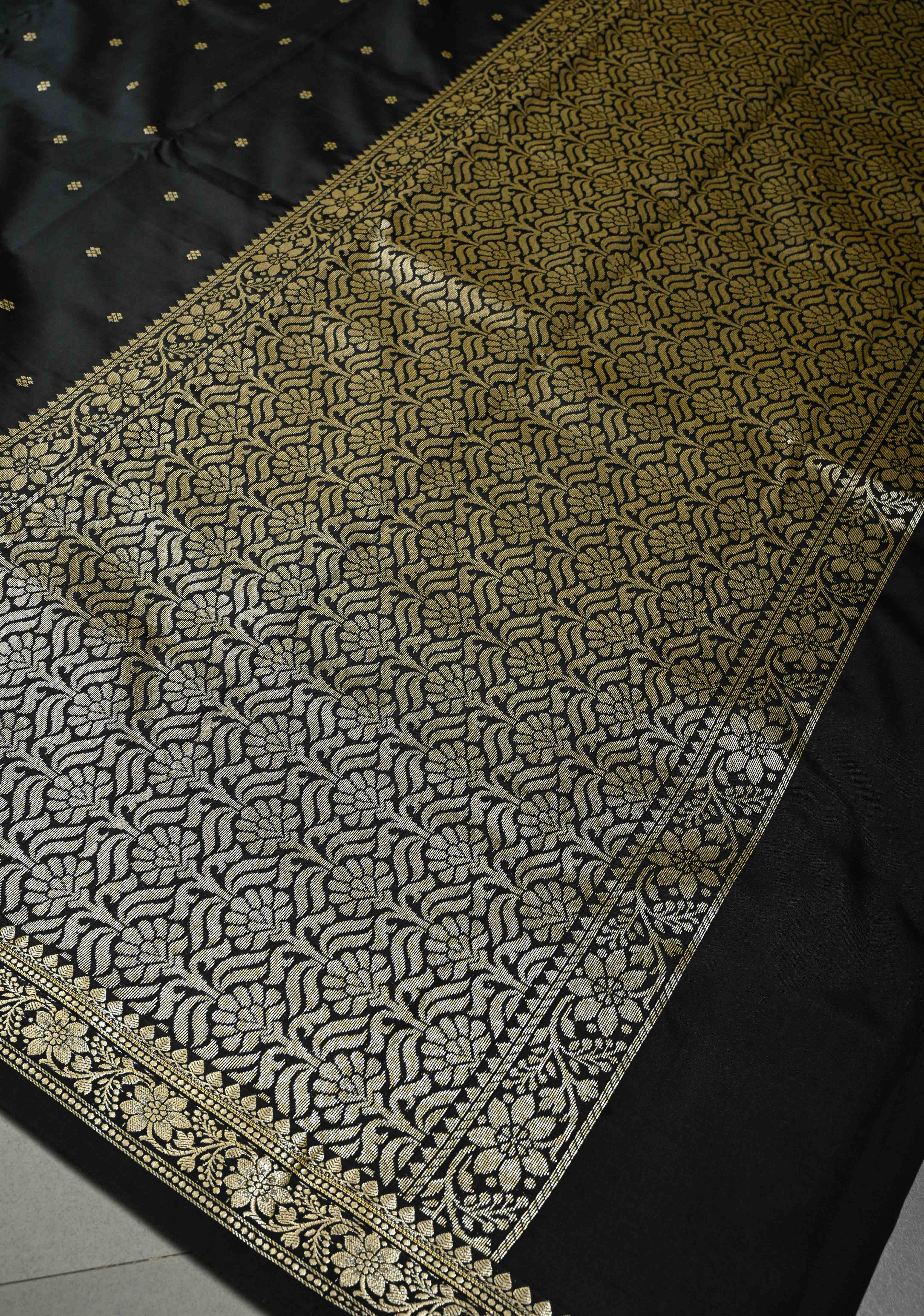 Black Semi Silk Saree with Zari Buttis and Floral Minimal Zari Border | SHOBITAM