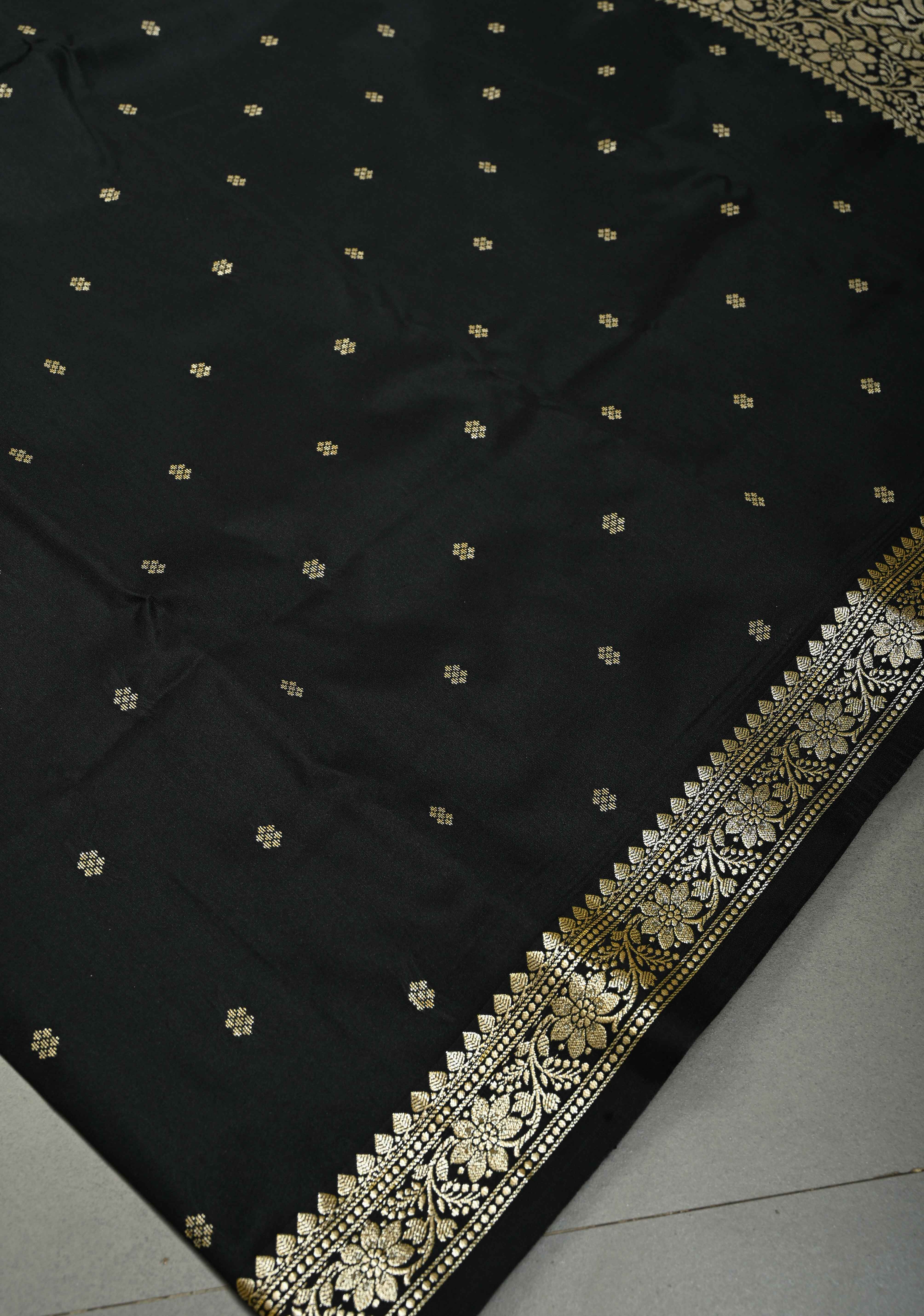 Black Semi Silk Saree with Zari Buttis and Floral Minimal Zari Border | SHOBITAM