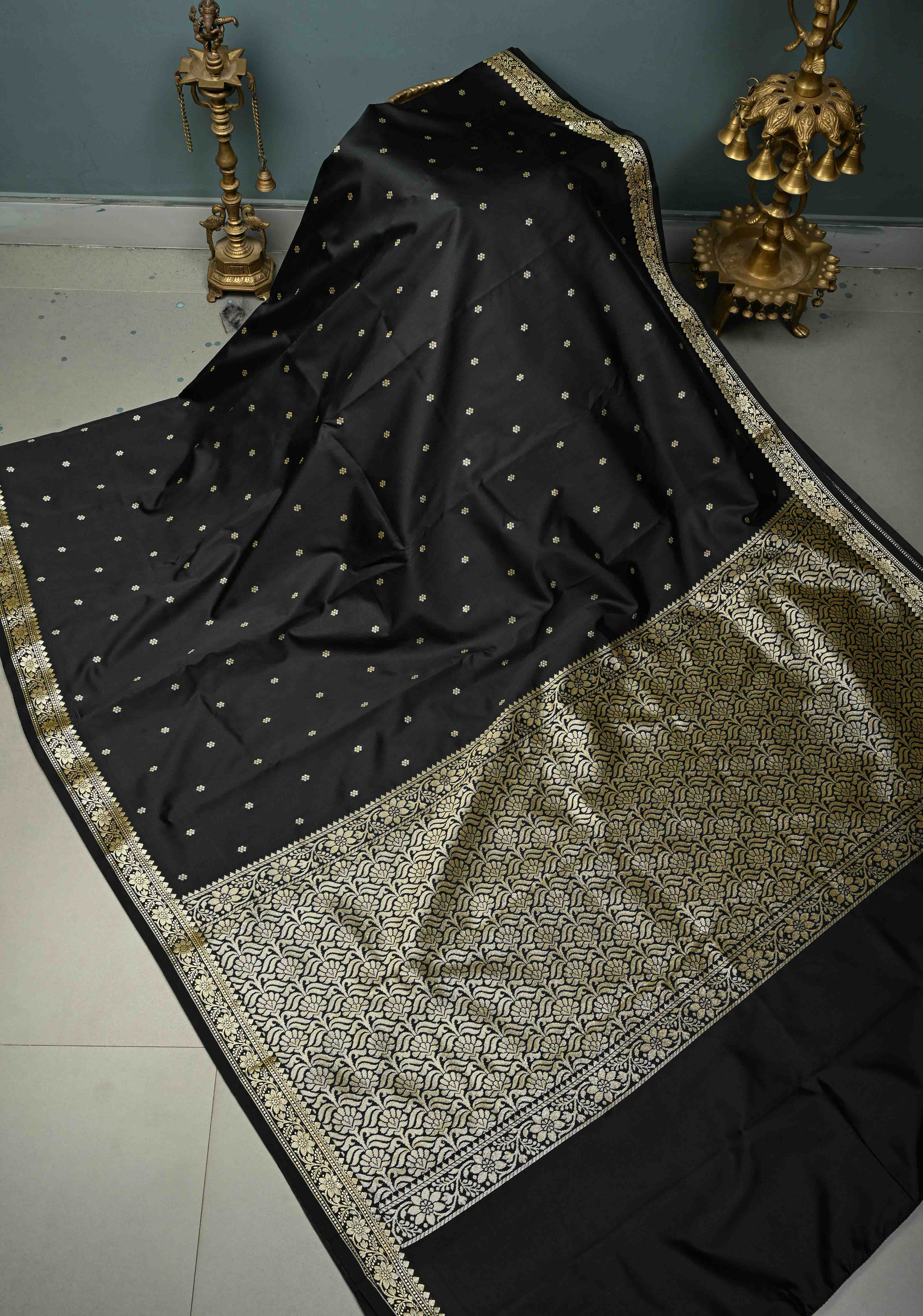 Black Semi Silk Saree with Zari Buttis and Floral Minimal Zari Border | SHOBITAM