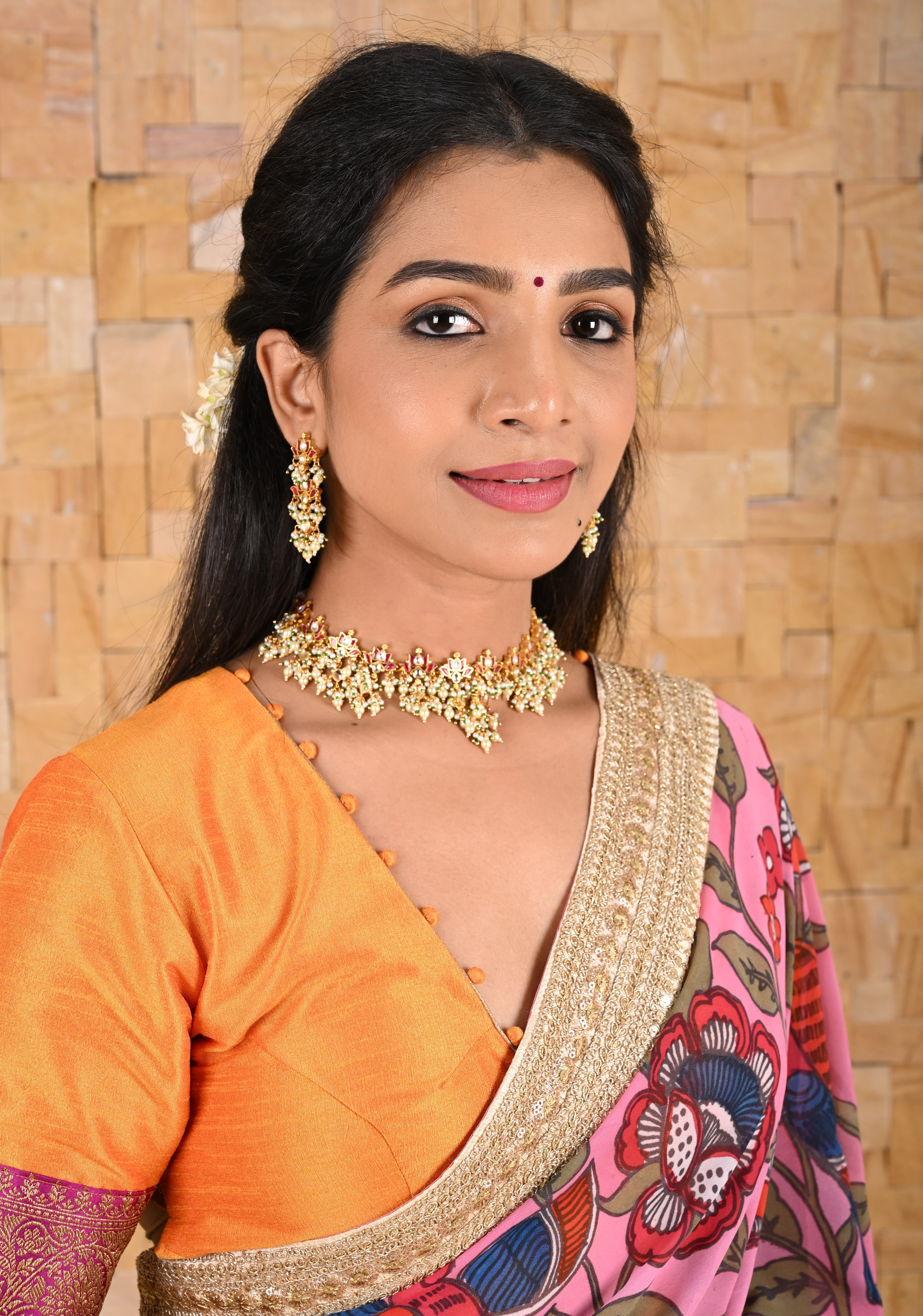 Blooming Lotus Design Necklace Set in Pink and Dangling Pearls | Shobitam