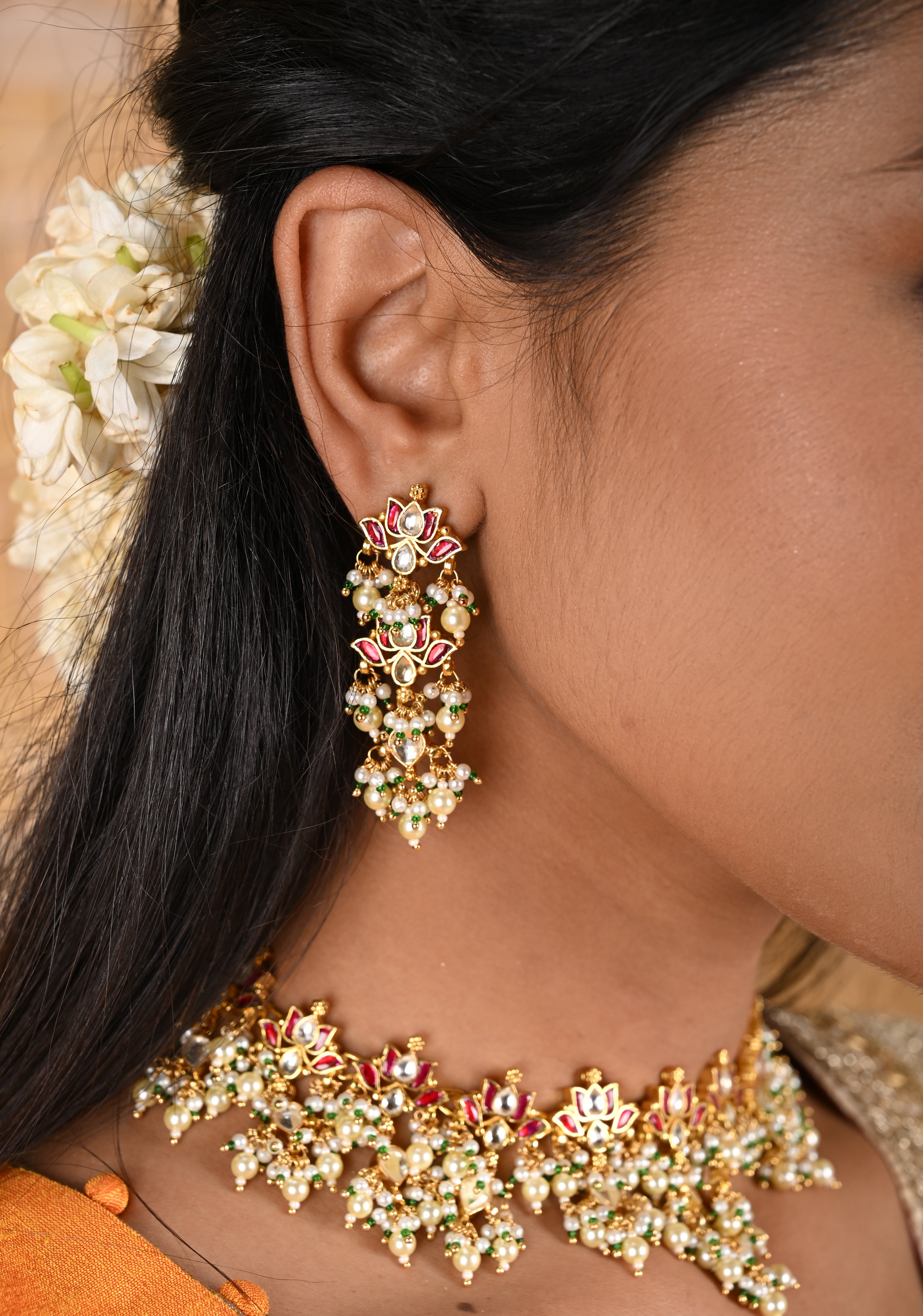 Blooming Lotus Design Necklace Set in Pink and Dangling Pearls | Shobitam