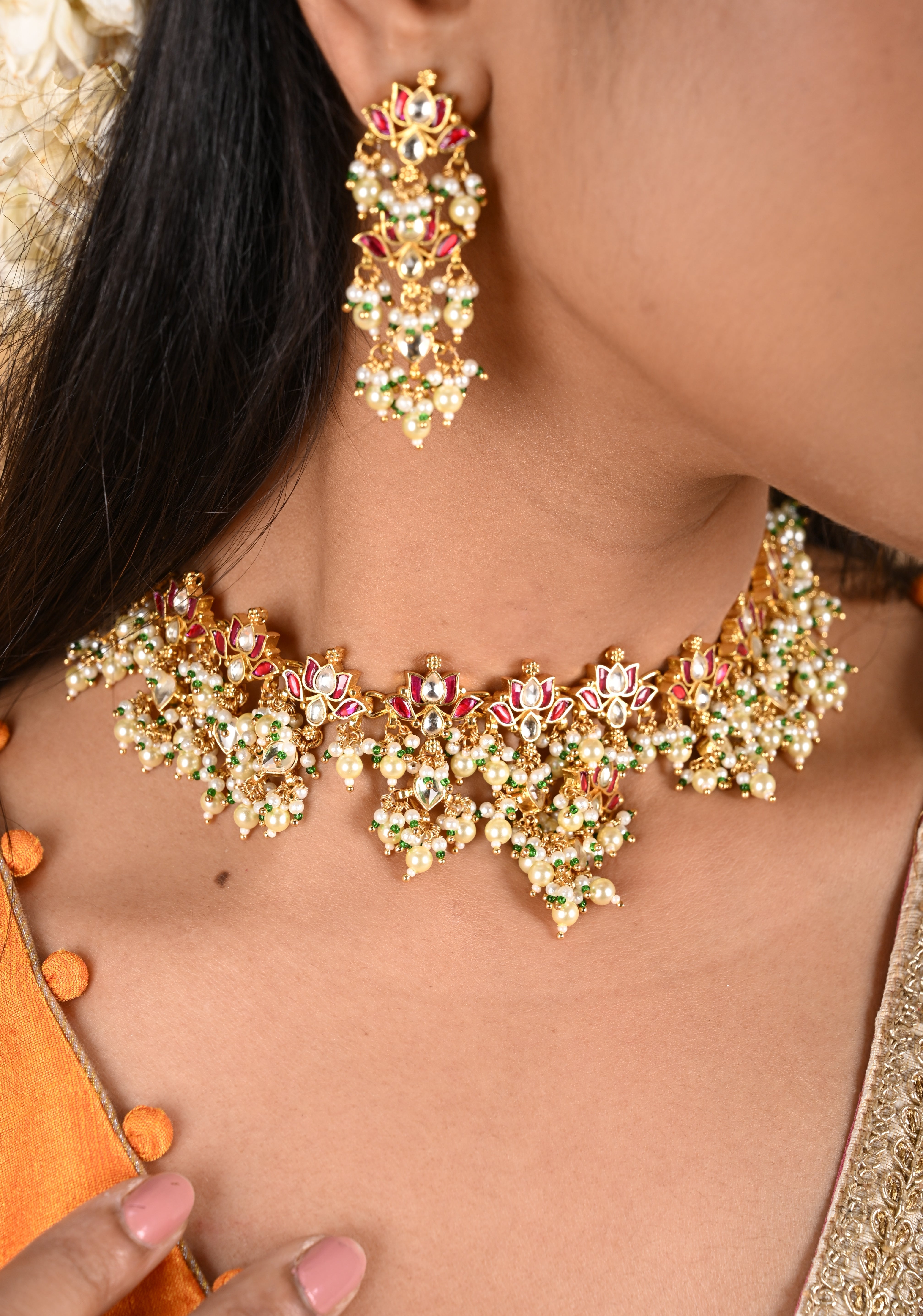 Blooming Lotus Design Necklace Set in Pink and Dangling Pearls | Shobitam