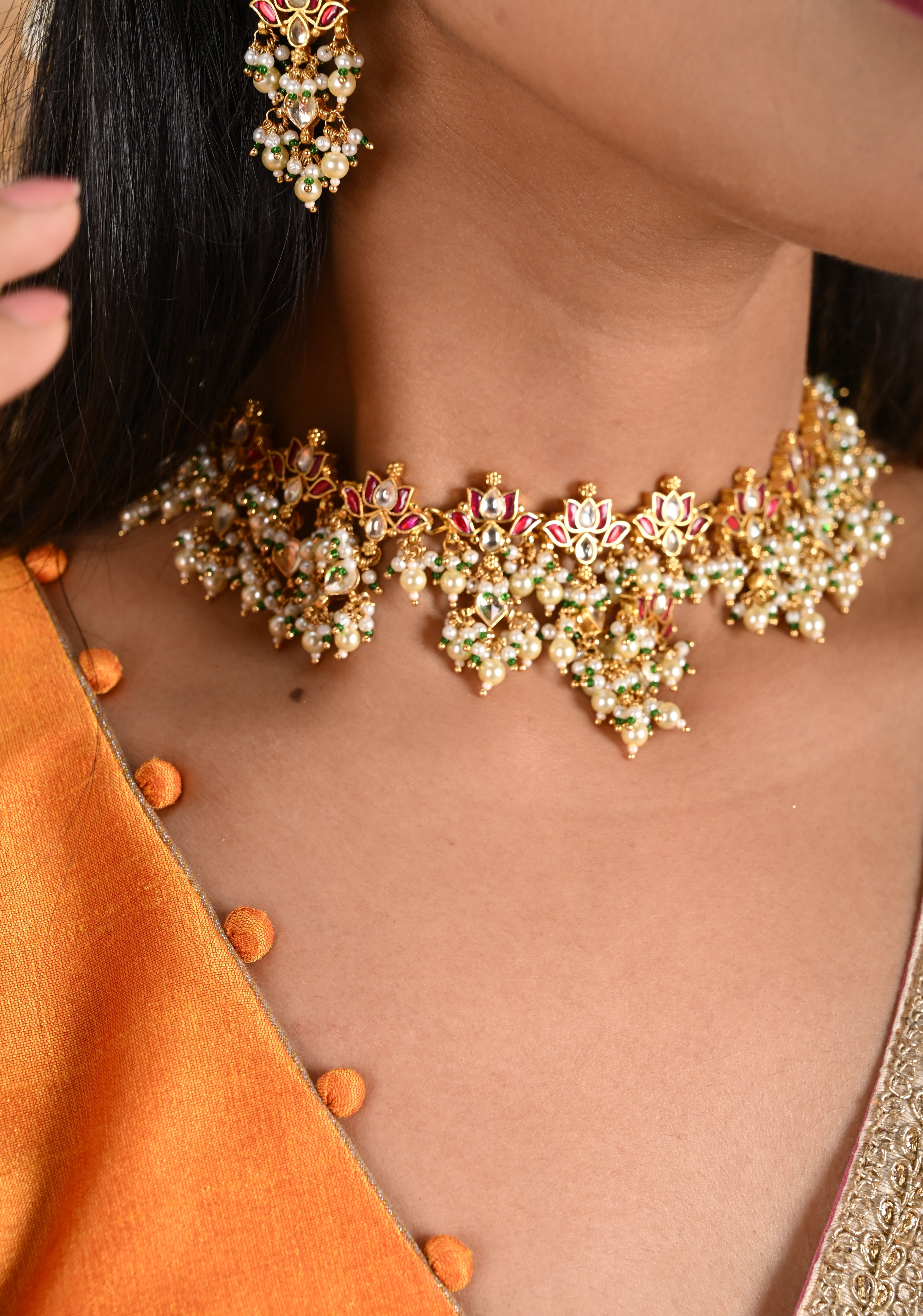 Blooming Lotus Design Necklace Set in Pink and Dangling Pearls | Shobitam