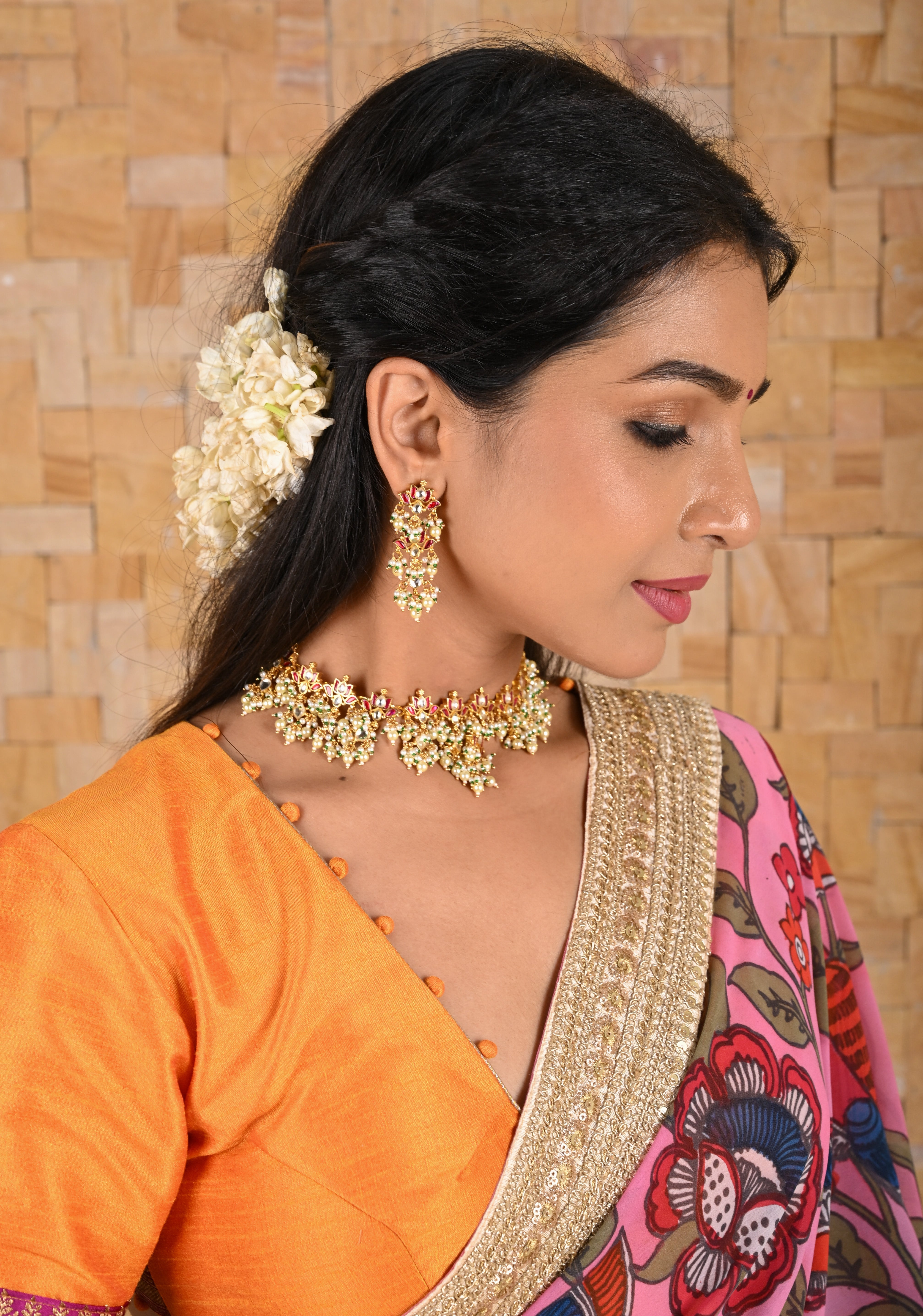 Blooming Lotus Design Necklace Set in Pink and Dangling Pearls | Shobitam