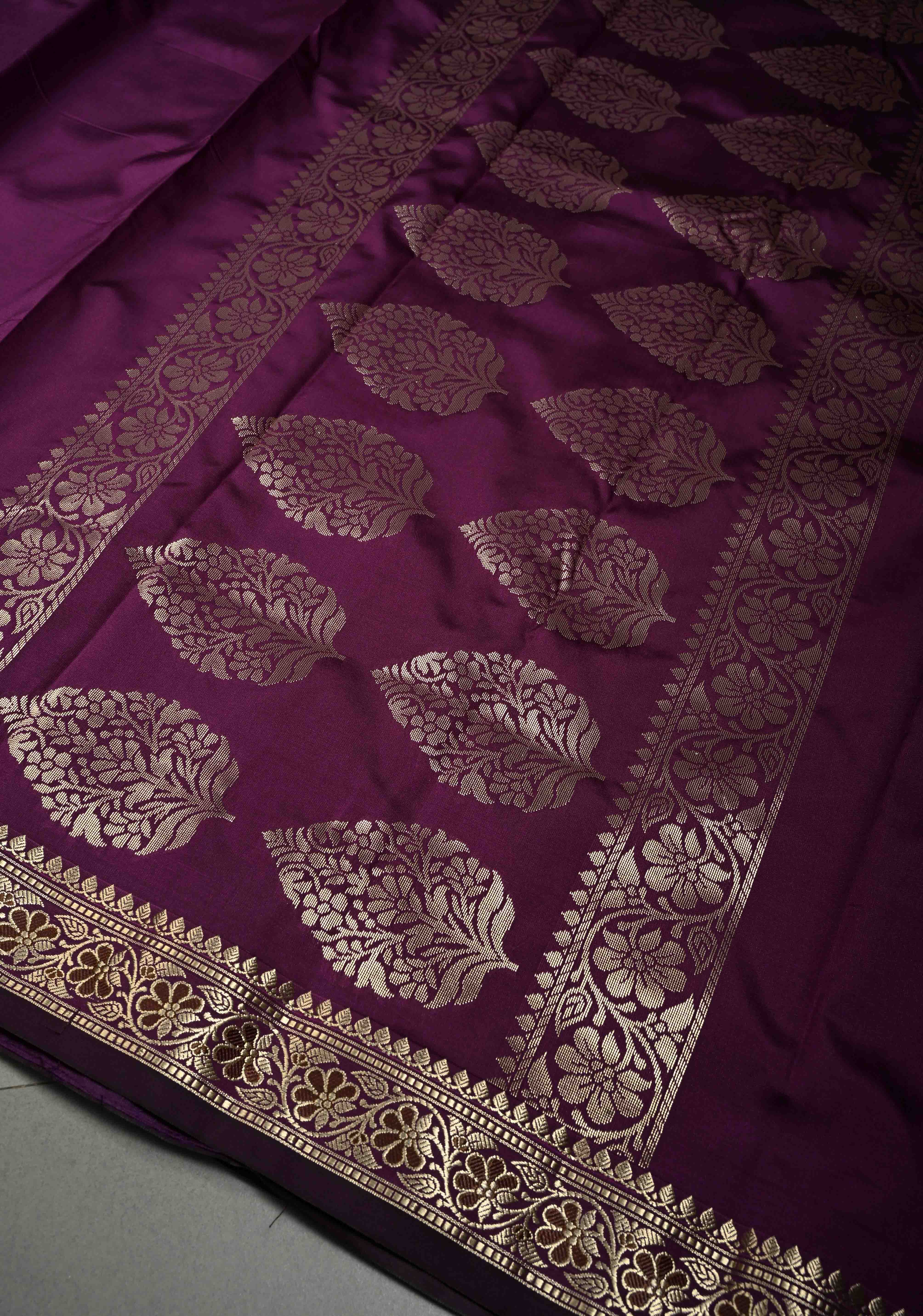Eggplant Purple Semi Silk Saree with Minimal Meenakari Floral Zari Border | SHOBITAM