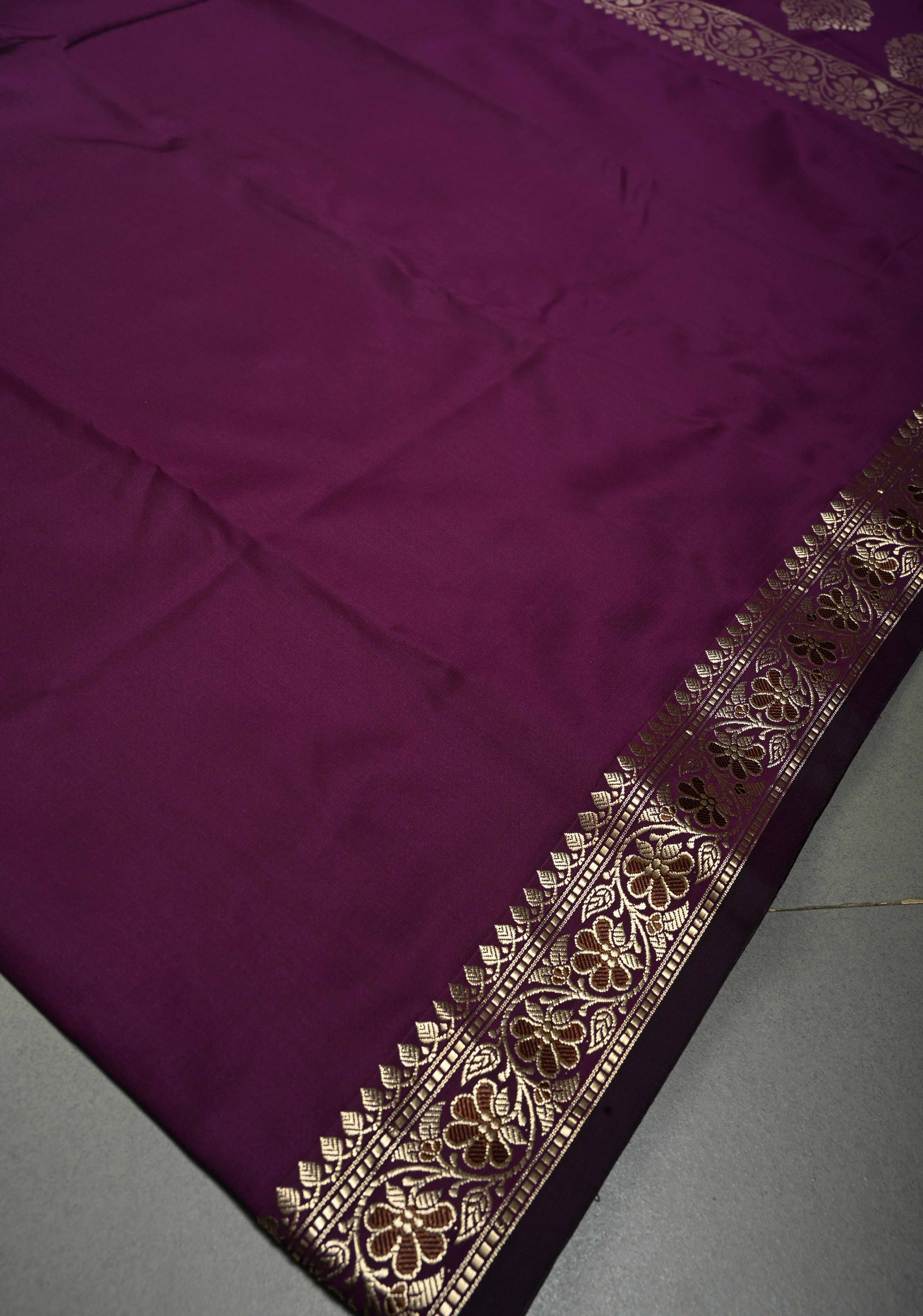 Eggplant Purple Semi Silk Saree with Minimal Meenakari Floral Zari Border | SHOBITAM