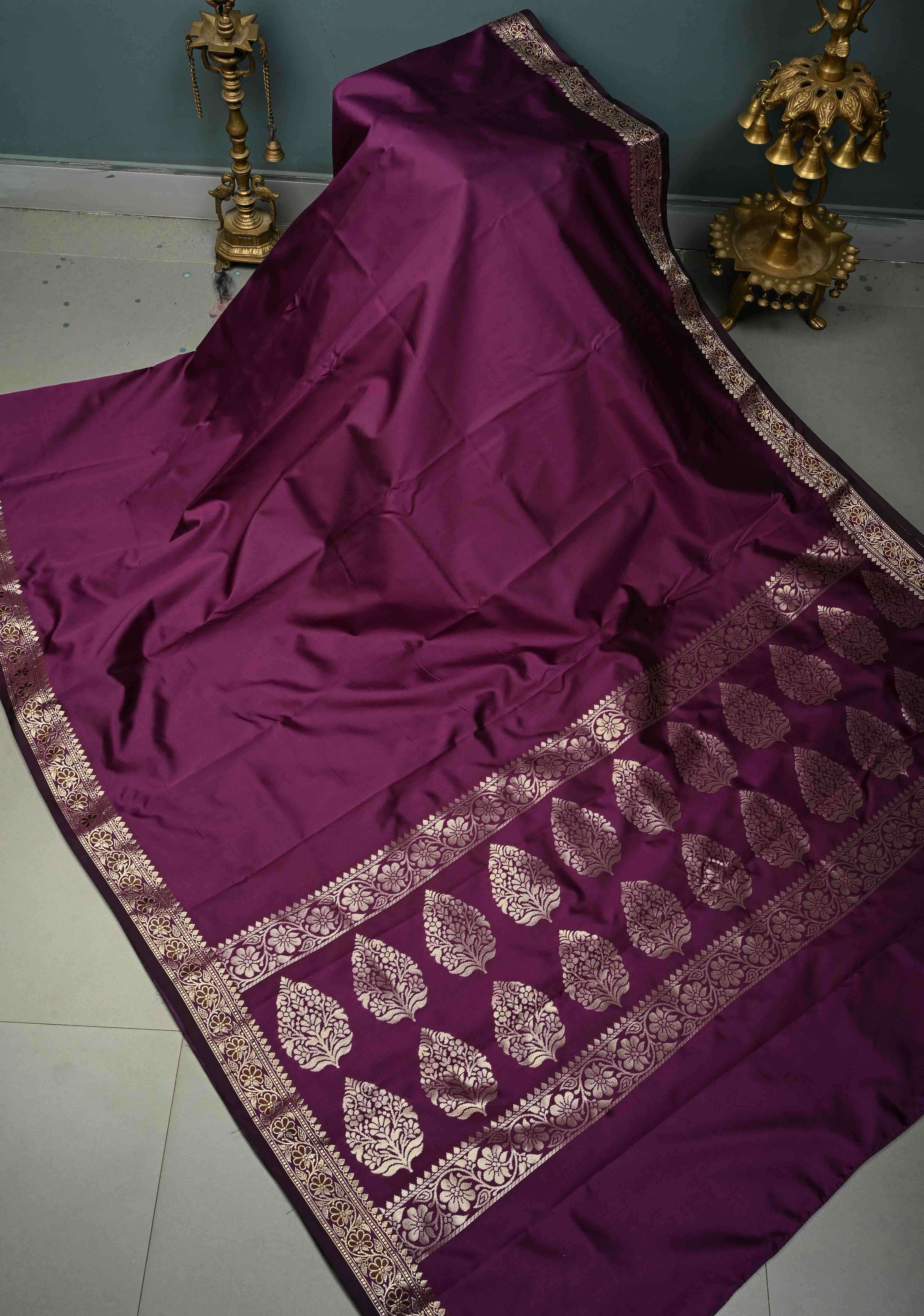 Eggplant Purple Semi Silk Saree with Minimal Meenakari Floral Zari Border | SHOBITAM