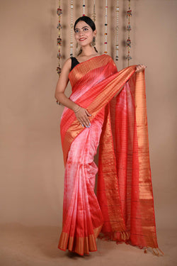 Premium  Pink  Shibori Bhagalpuri Cotton Silk with woven Zari and sequins With Ornate Pallo   Wrap in 1 minute saree