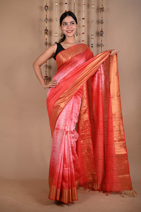 Premium  Pink  Shibori Bhagalpuri Cotton Silk with woven Zari and sequins With Ornate Pallo   Wrap in 1 minute saree