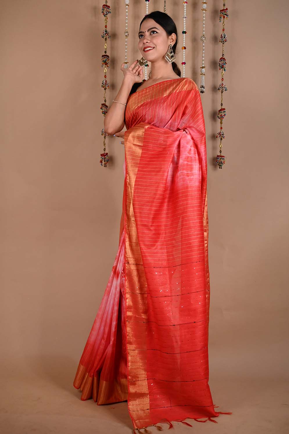 Premium  Pink  Shibori Bhagalpuri Cotton Silk with woven Zari and sequins With Ornate Pallo   Wrap in 1 minute saree - Isadora Life