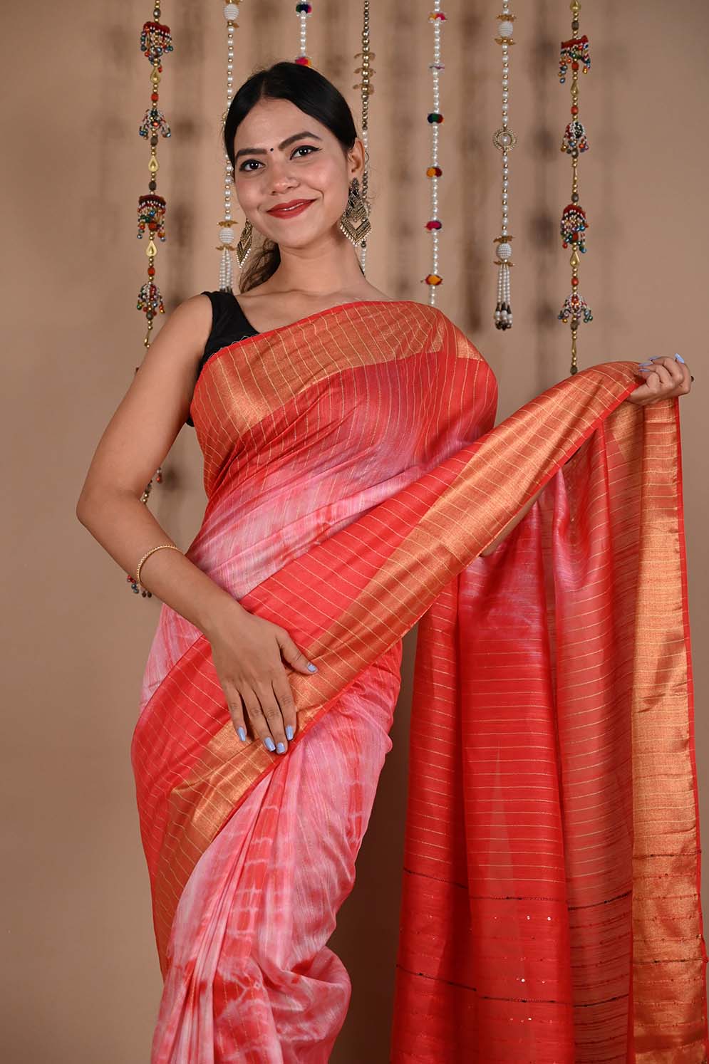 Premium  Pink  Shibori Bhagalpuri Cotton Silk with woven Zari and sequins With Ornate Pallo   Wrap in 1 minute saree - Isadora Life