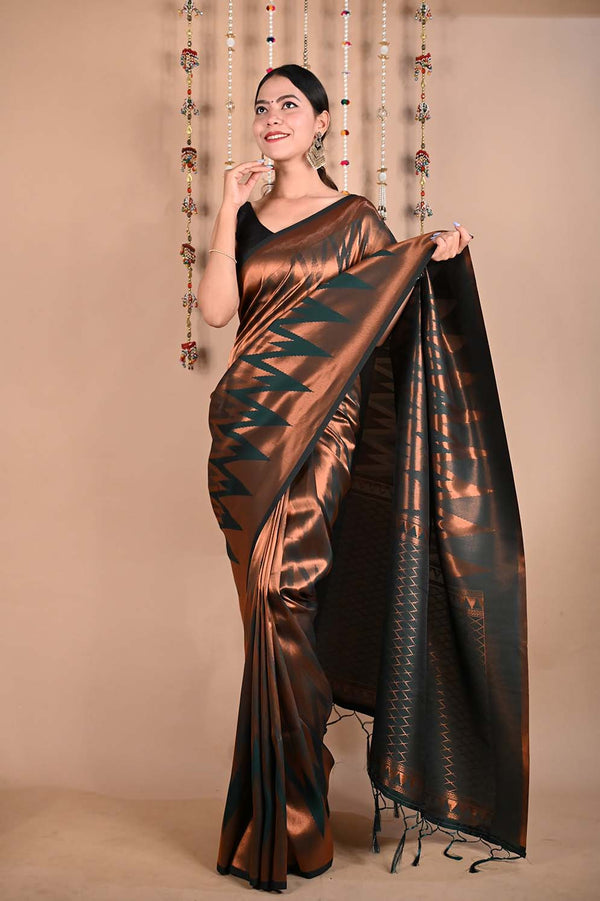 Green & Golden Toned Ethnic Temple Design Banarasi &  Ornate Pallu  Wrap in 1 minute saree - Isadora Life