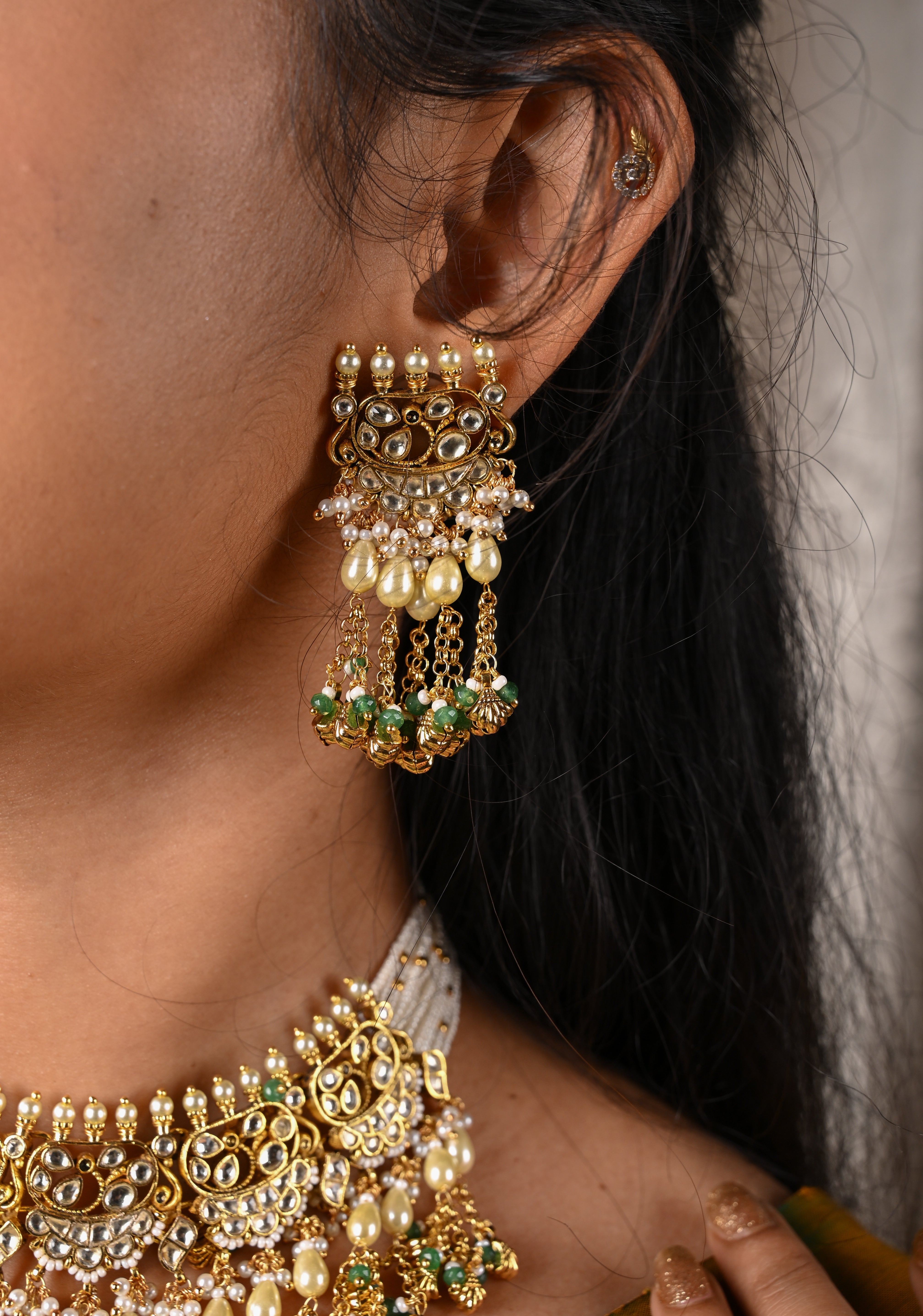 Rajwadi Ahmedabadi Jadau Necklace and Earrings Set with dangling chains design | SHOBITAM