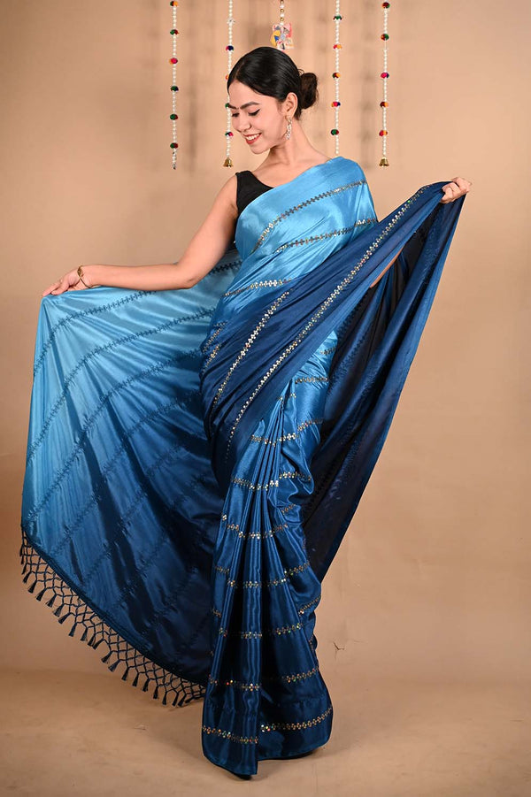 Ready To Wear Premium Soft Satin Silk Blue ombre With Sequin Embellished & Ornate palla Wrap in 1 minute saree - Isadora Life