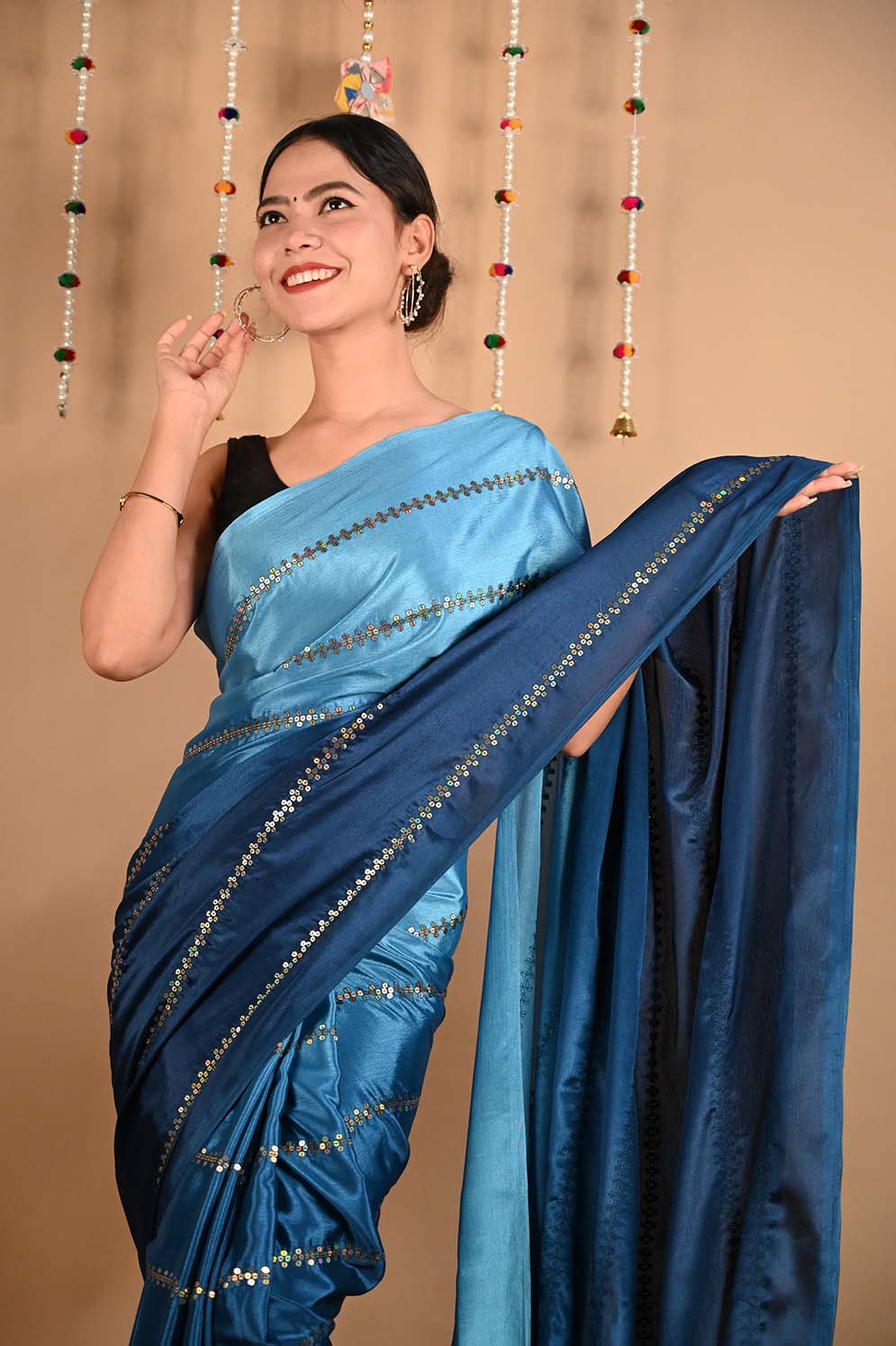 Ready To Wear Premium Soft Satin Silk Blue ombre With Sequin Embellished & Ornate palla Wrap in 1 minute saree - Isadora Life