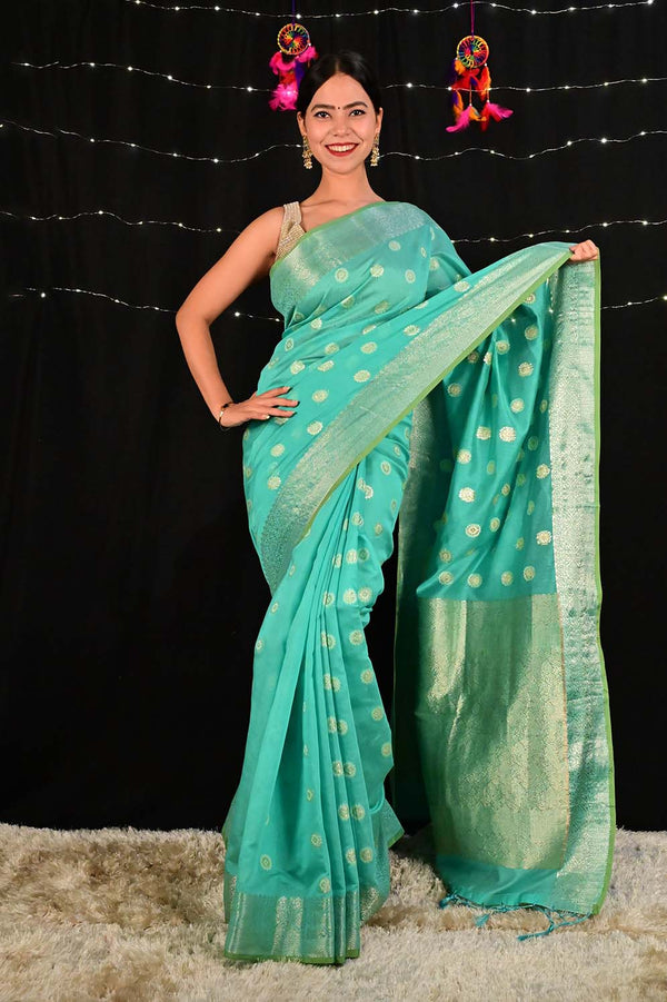 Ready To Wear Sea Green And Gold Toned Zari Woven Banarasi Wrap in 1 minute Saree