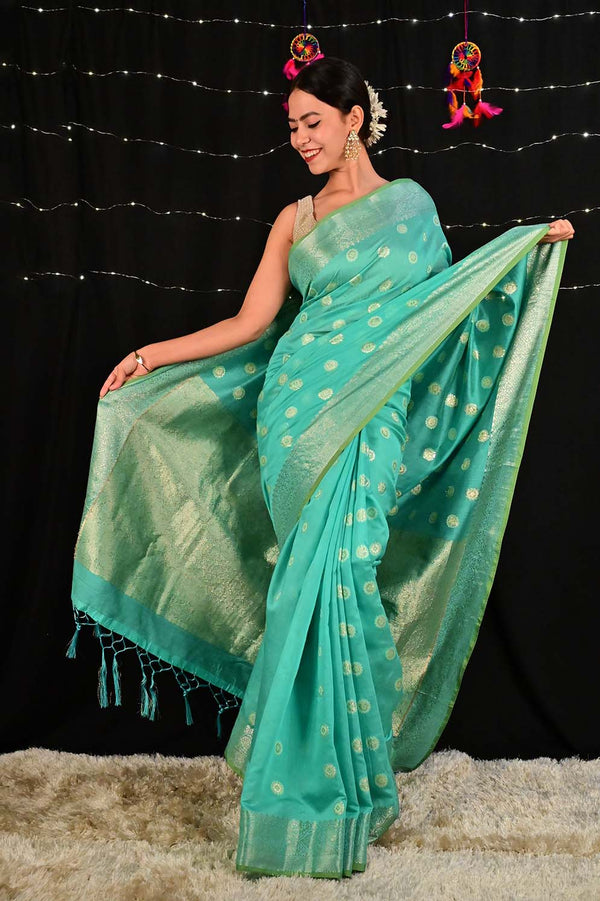 Ready To Wear Sea Green And Gold Toned Zari Woven Banarasi Wrap in 1 minute Saree