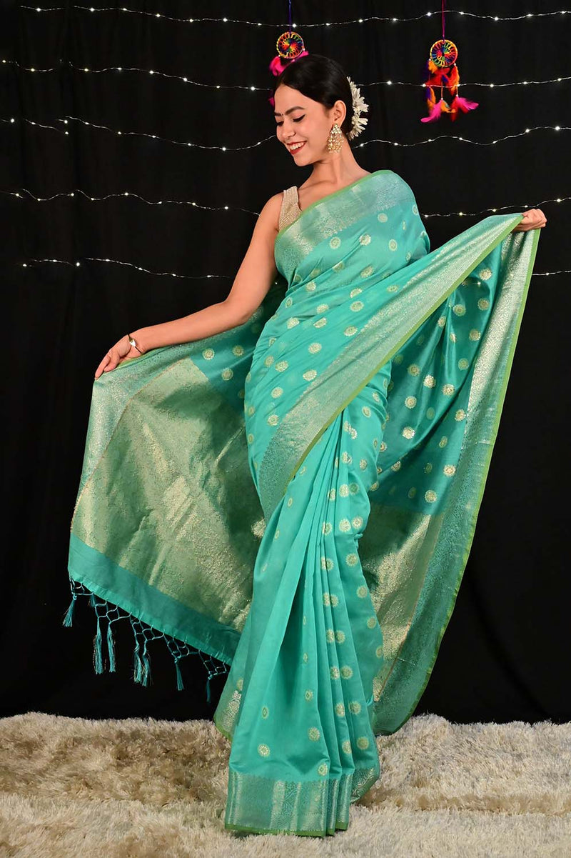 Ready To Wear Sea Green And Gold Toned Zari Woven Banarasi Wrap in 1 minute Saree - Isadora Life