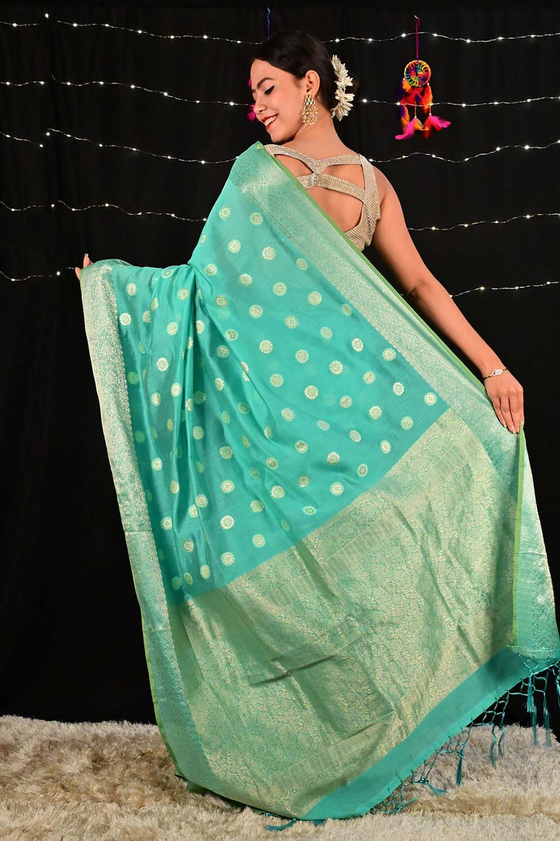 Ready To Wear Sea Green And Gold Toned Zari Woven Banarasi Wrap in 1 minute Saree - Isadora Life