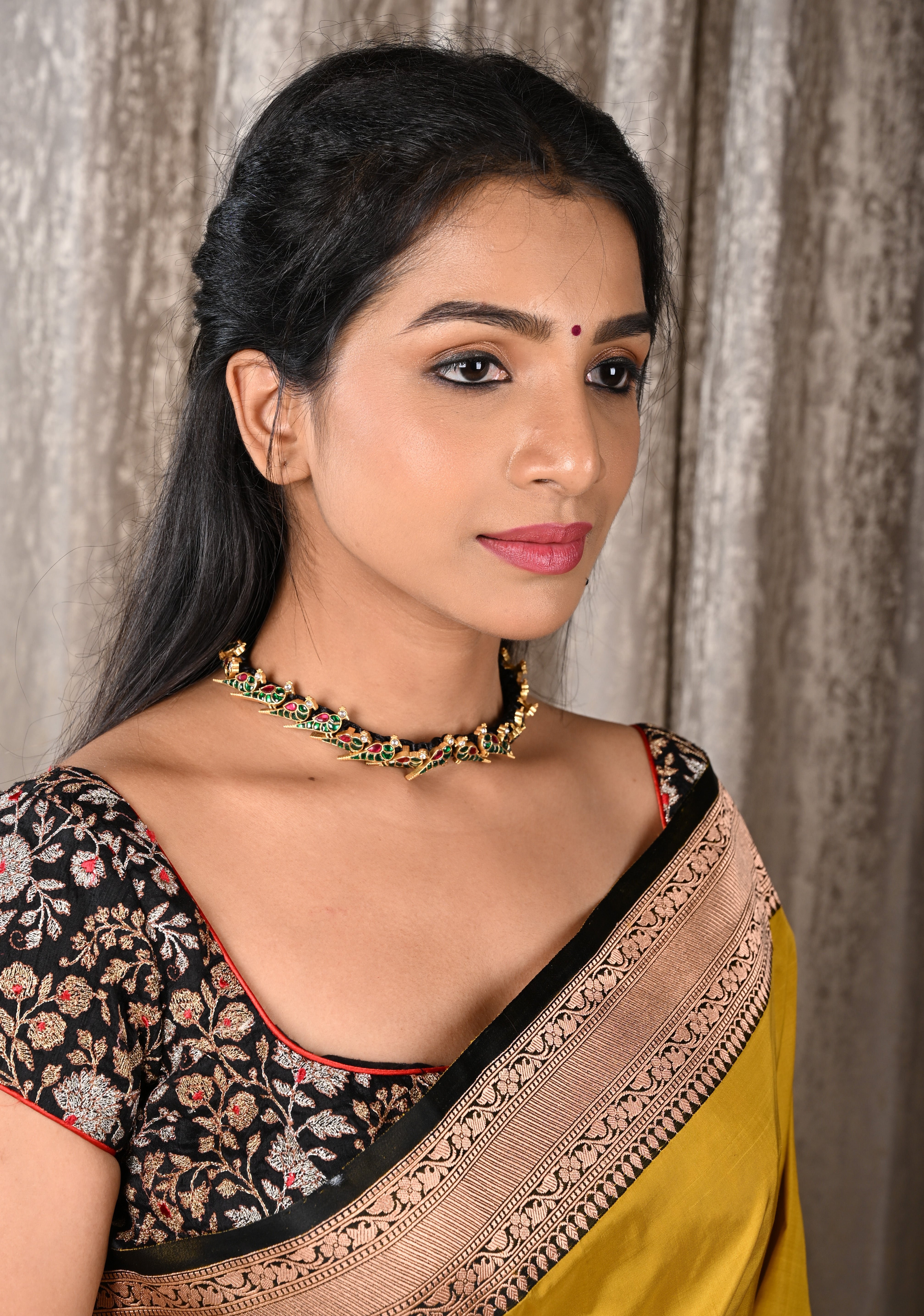 Peacock Choker Set With Kundan Stone in Black Thread And Matching Earrings | Shobitam