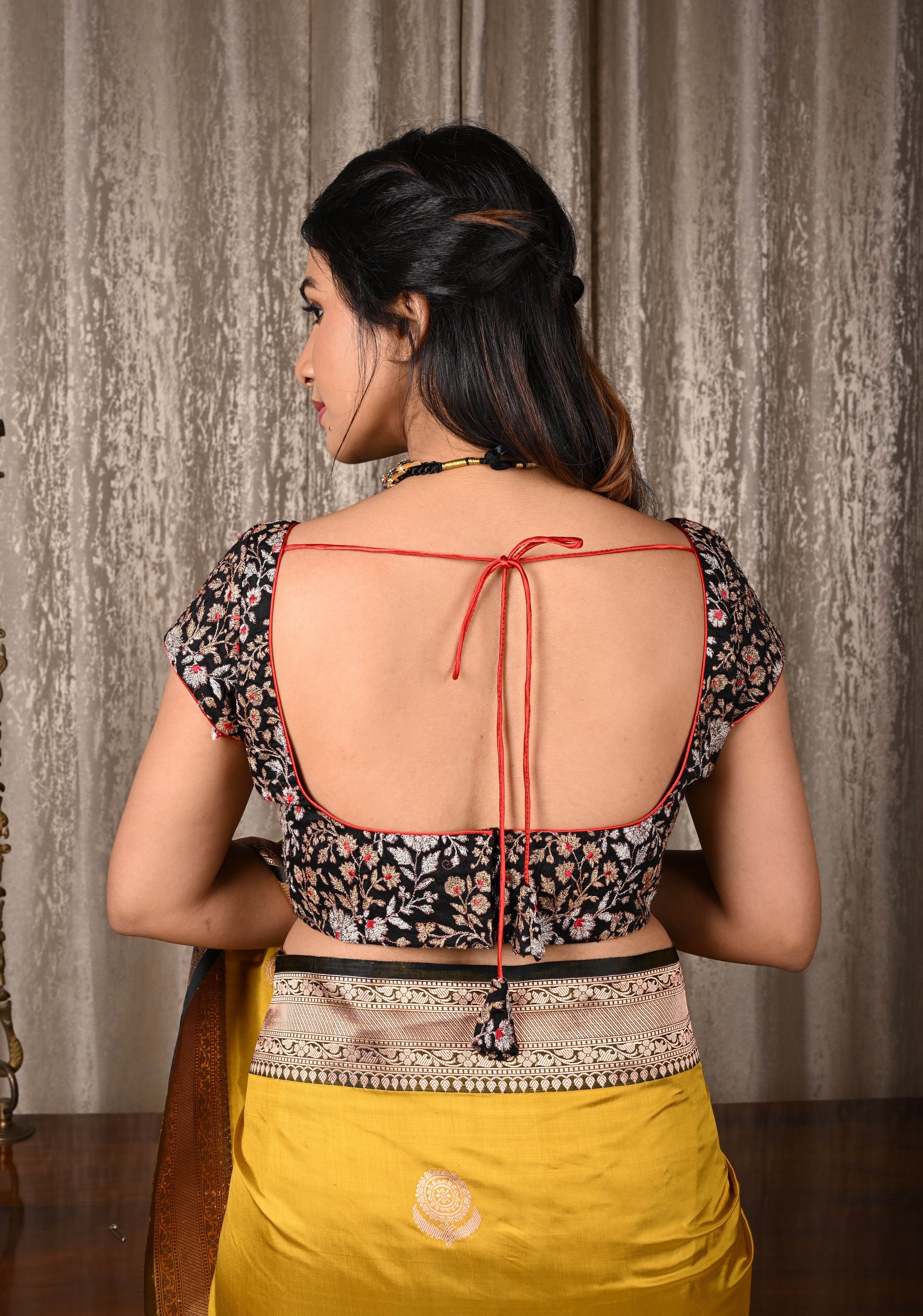 Black Raw Silk Full Jaal Embroidery Blouse with scoop neck and short sleeves, Customizable, Made to order | Shobitam
