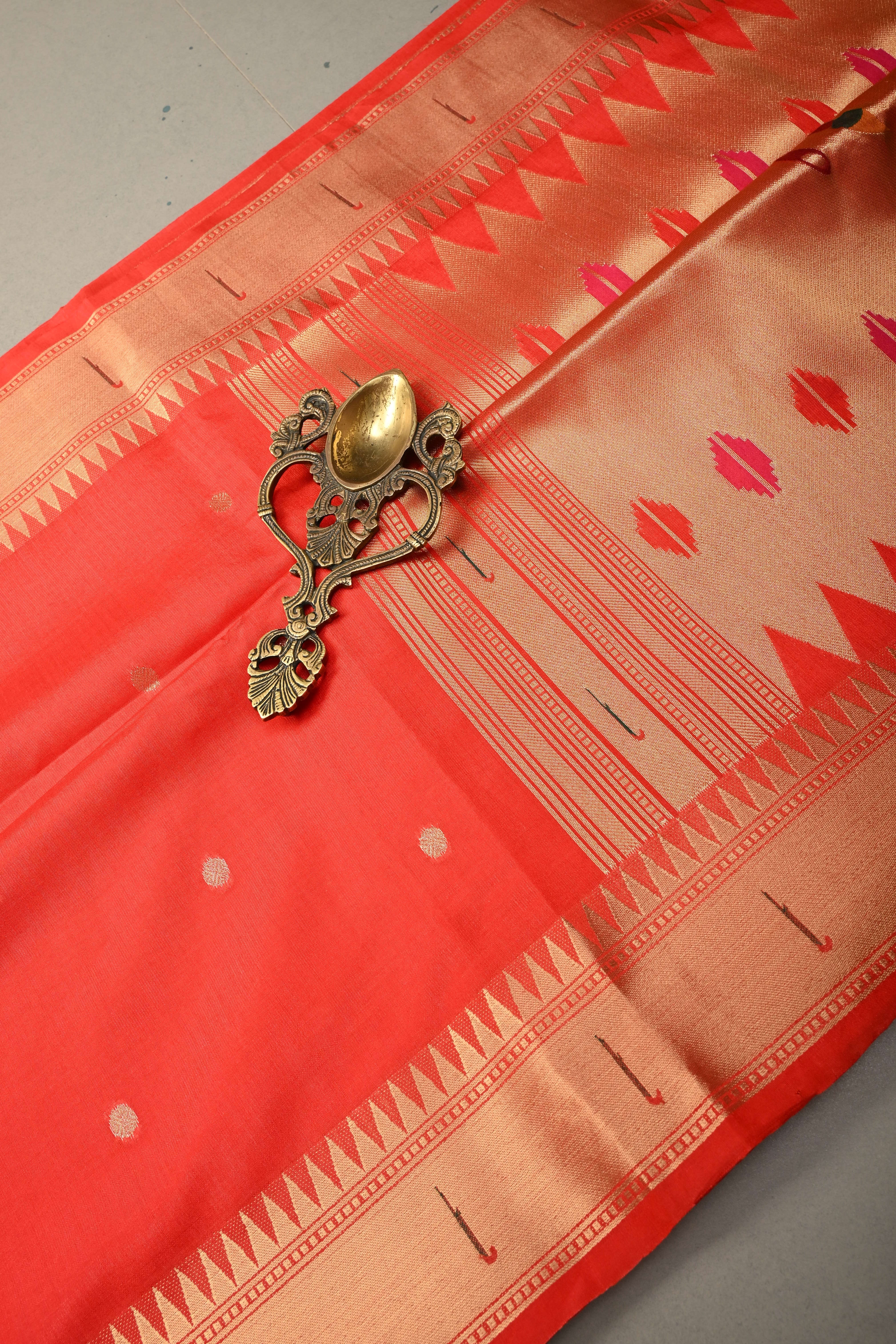Blood Red Zari Buttas on mercerized cotton Saree with Muniya Zari Border and Meenakari Paithani Style Parrot Pallu | Shobitam
