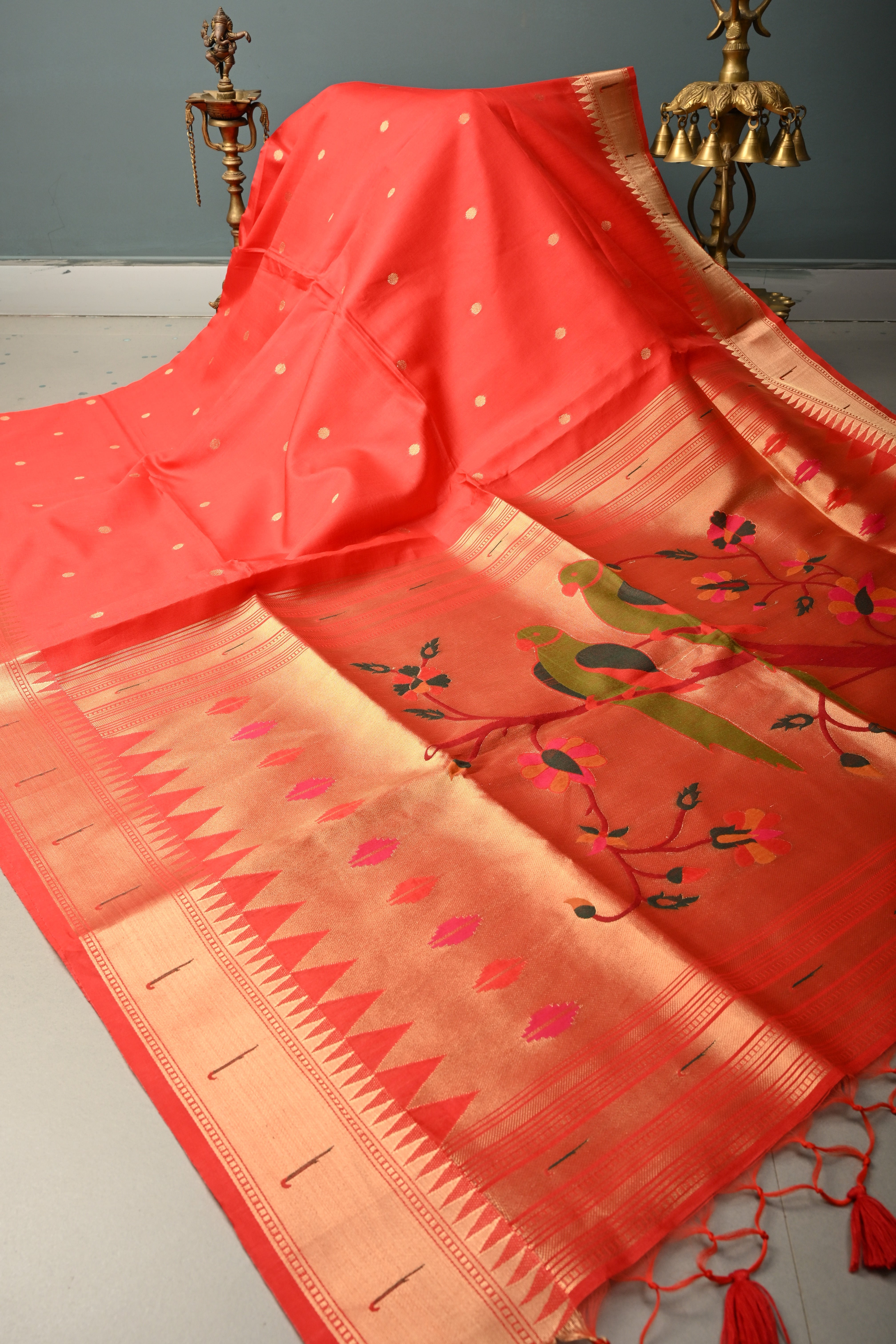 Blood Red Zari Buttas on mercerized cotton Saree with Muniya Zari Border and Meenakari Paithani Style Parrot Pallu | Shobitam