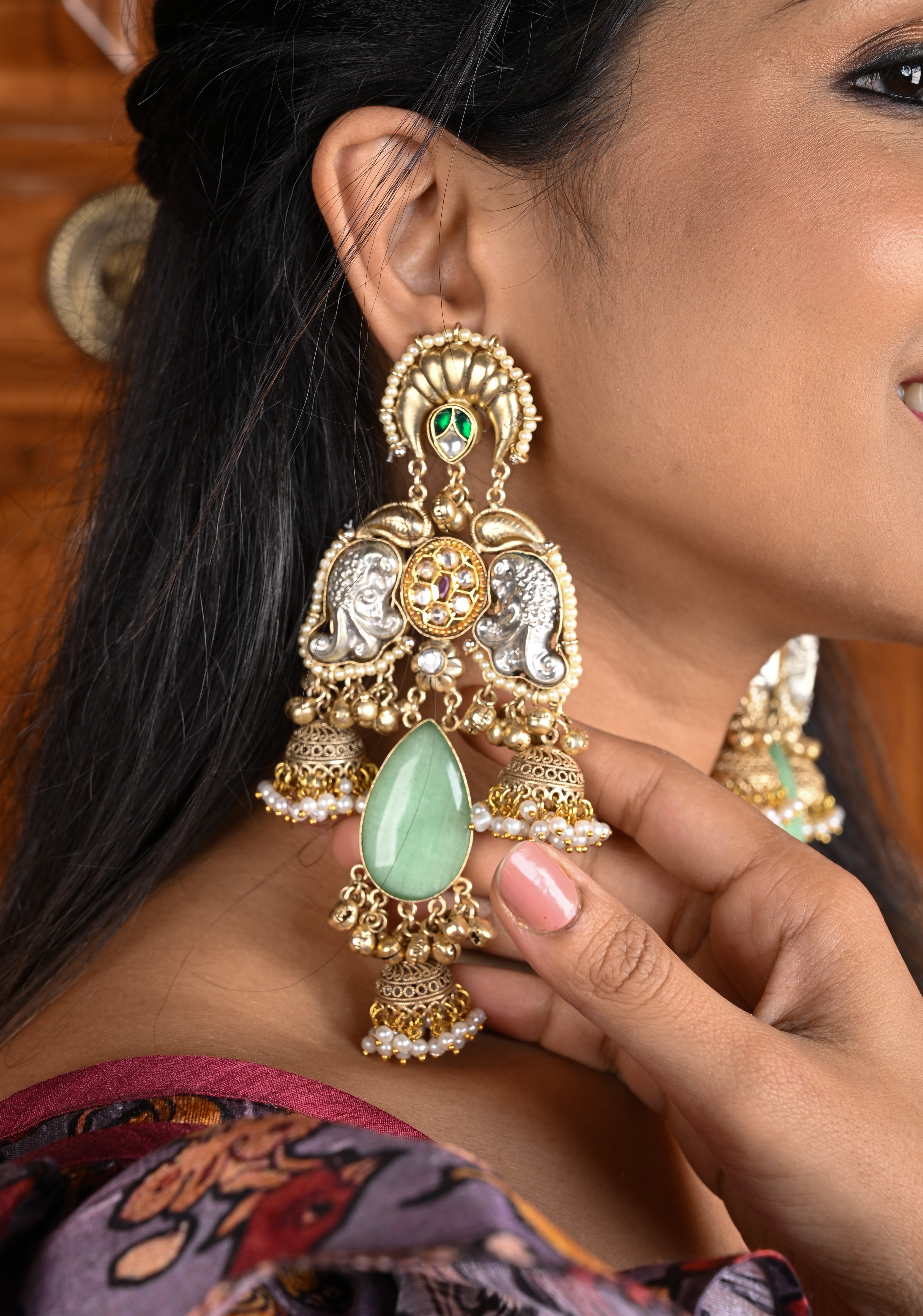 Oxidized Sage green Stone Long Earring set with Dangling Beads | Shobitam Jewelry