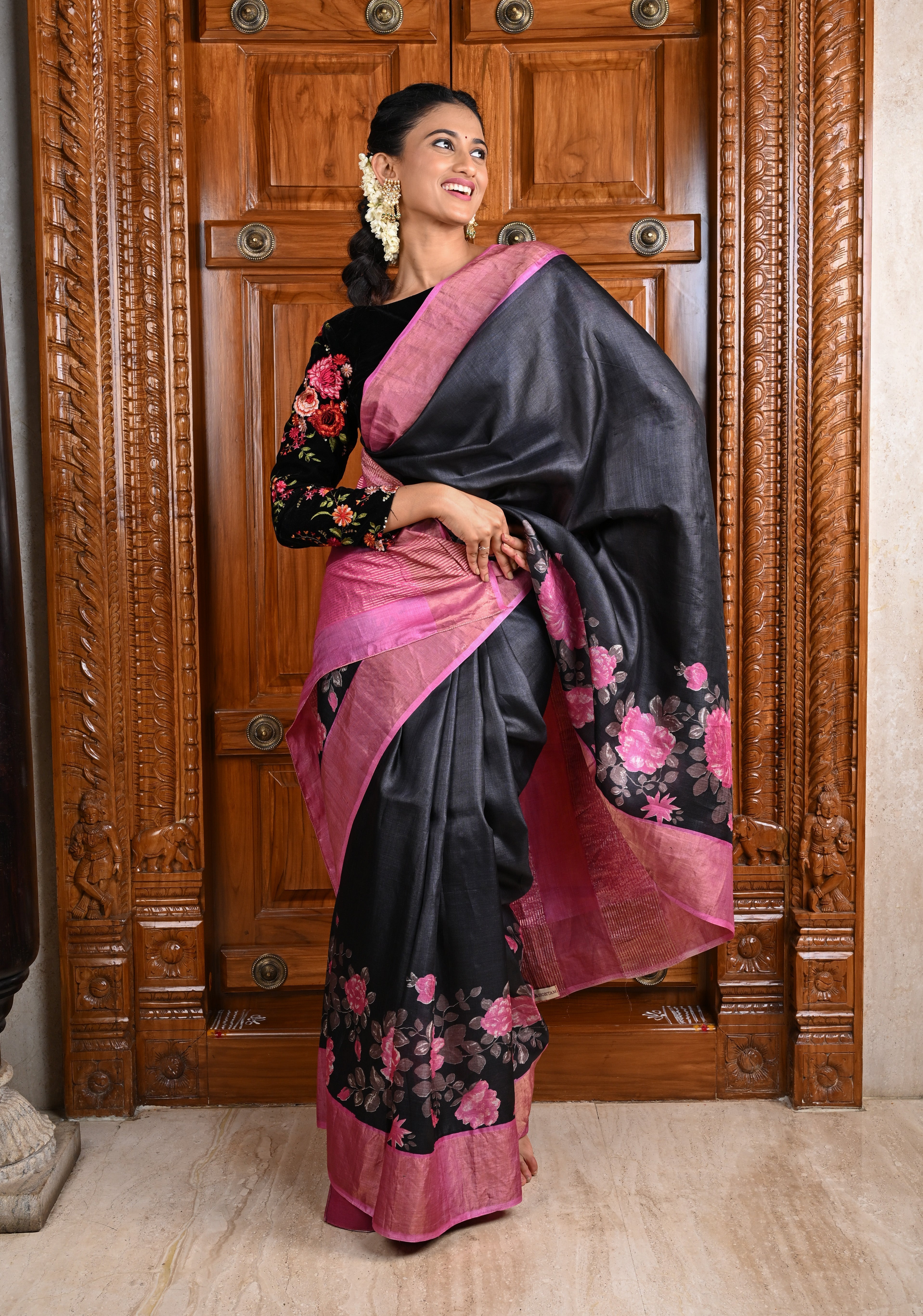 Jari Tussar Silk Saree in Black with Floral Digital Print Above Contrast zari Border | SILK MARK CERTIFIED | Shobitam