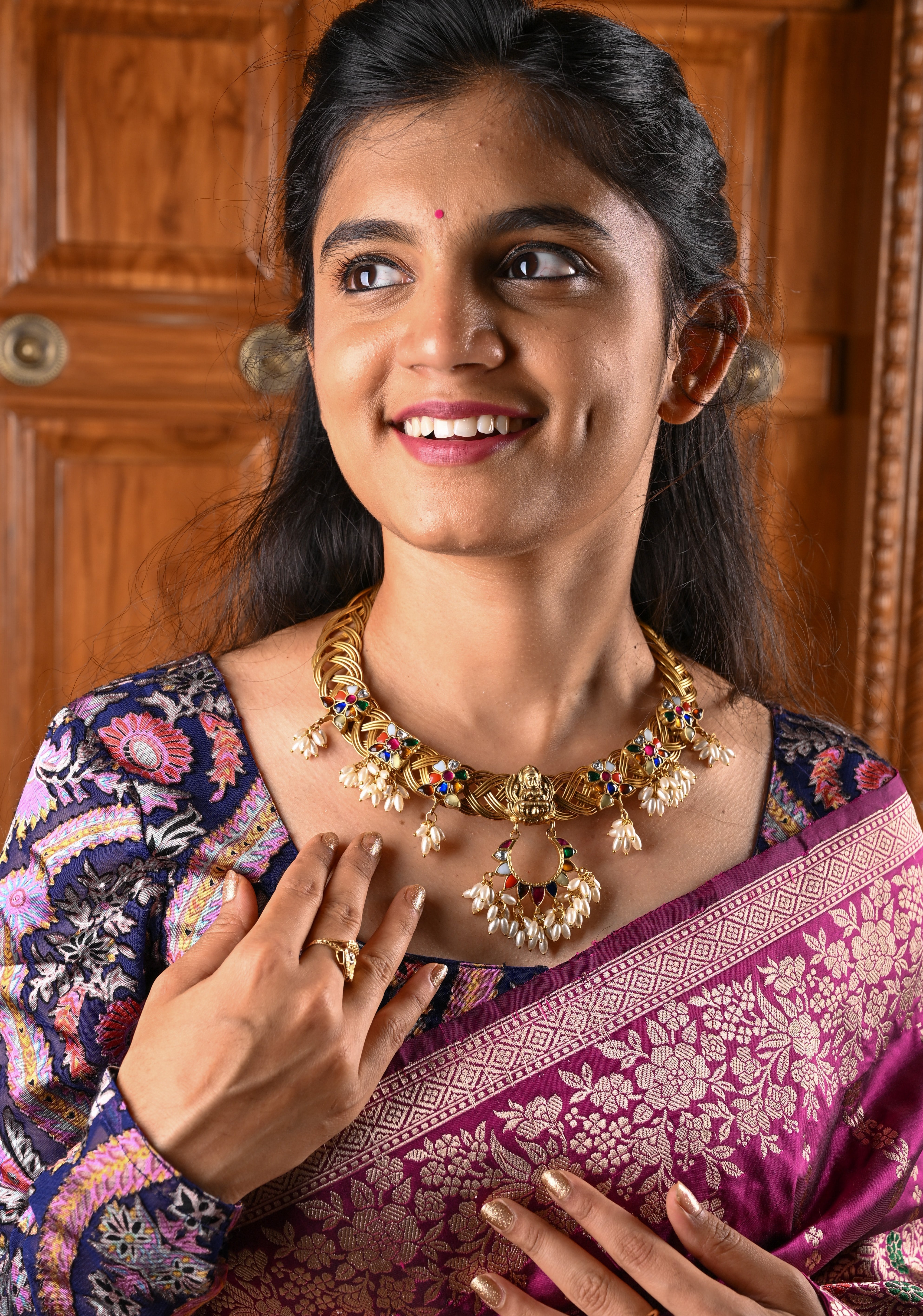 Braided Hasli Carved Lakshmi with Navaratna Stones Necklace Set with Dangling Rice Pearls, No Earrings | Shobitam