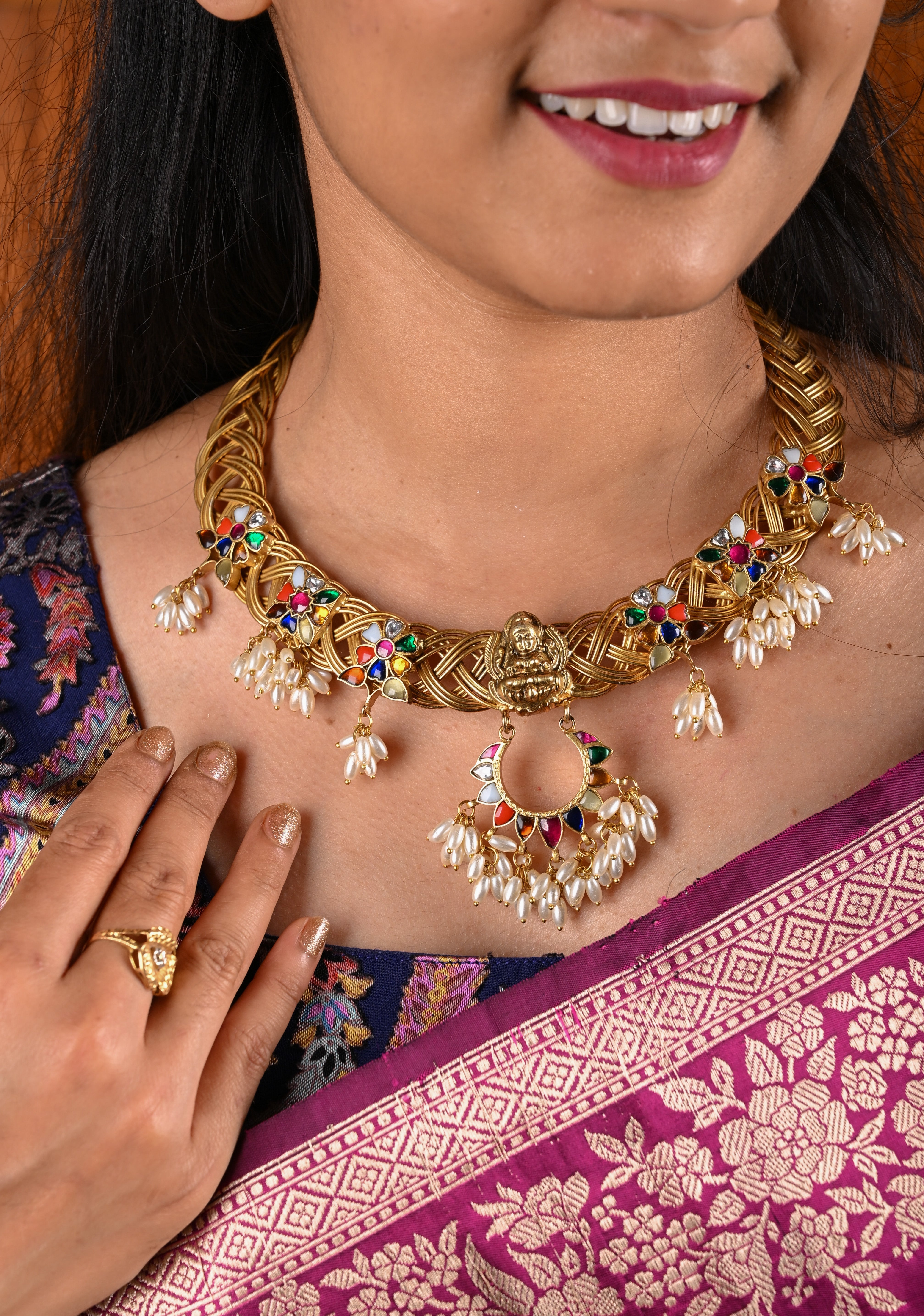 Braided Hasli Carved Lakshmi with Navaratna Stones Necklace Set with Dangling Rice Pearls, No Earrings | Shobitam