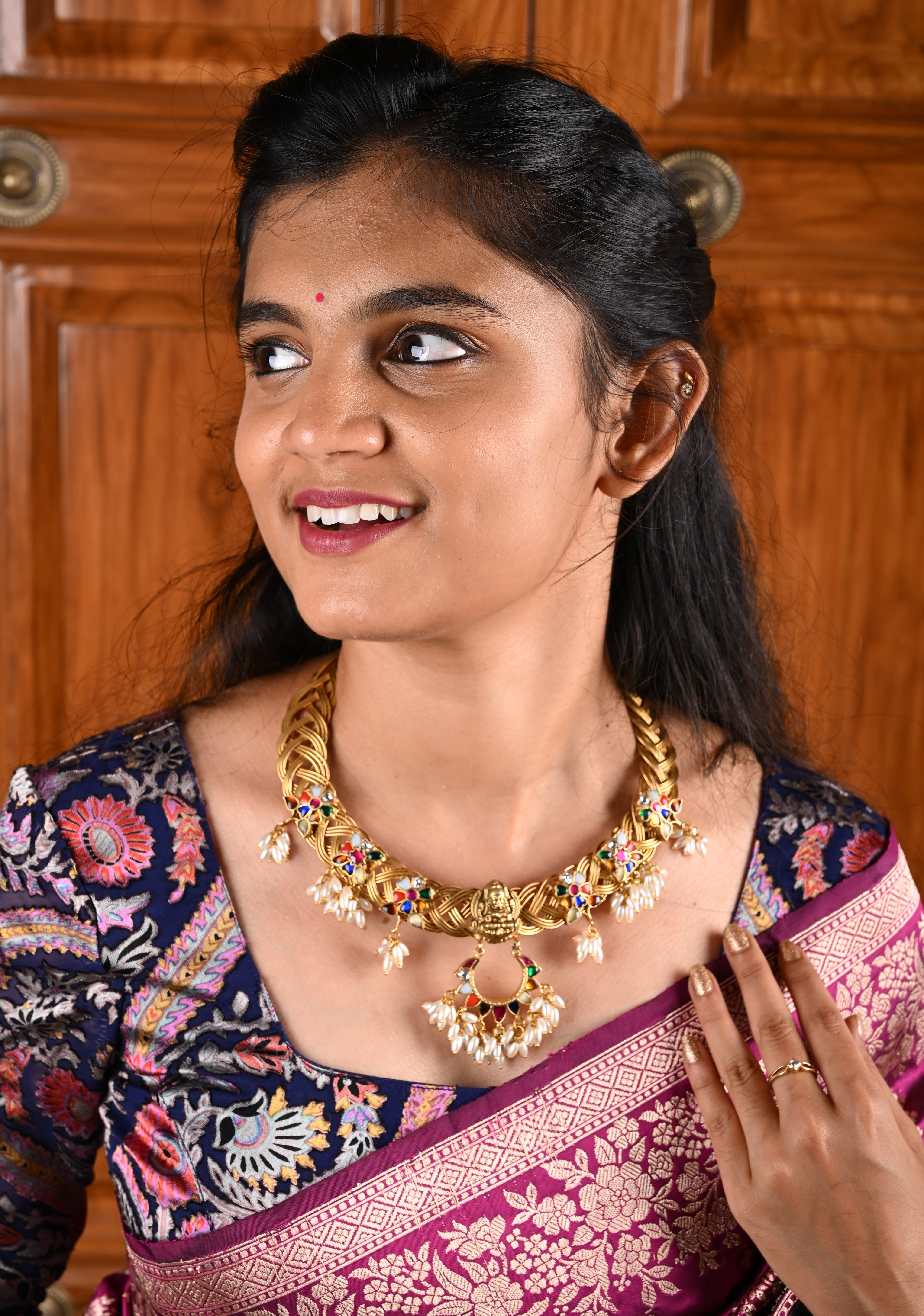Braided Hasli Carved Lakshmi with Navaratna Stones Necklace Set with Dangling Rice Pearls, No Earrings | Shobitam