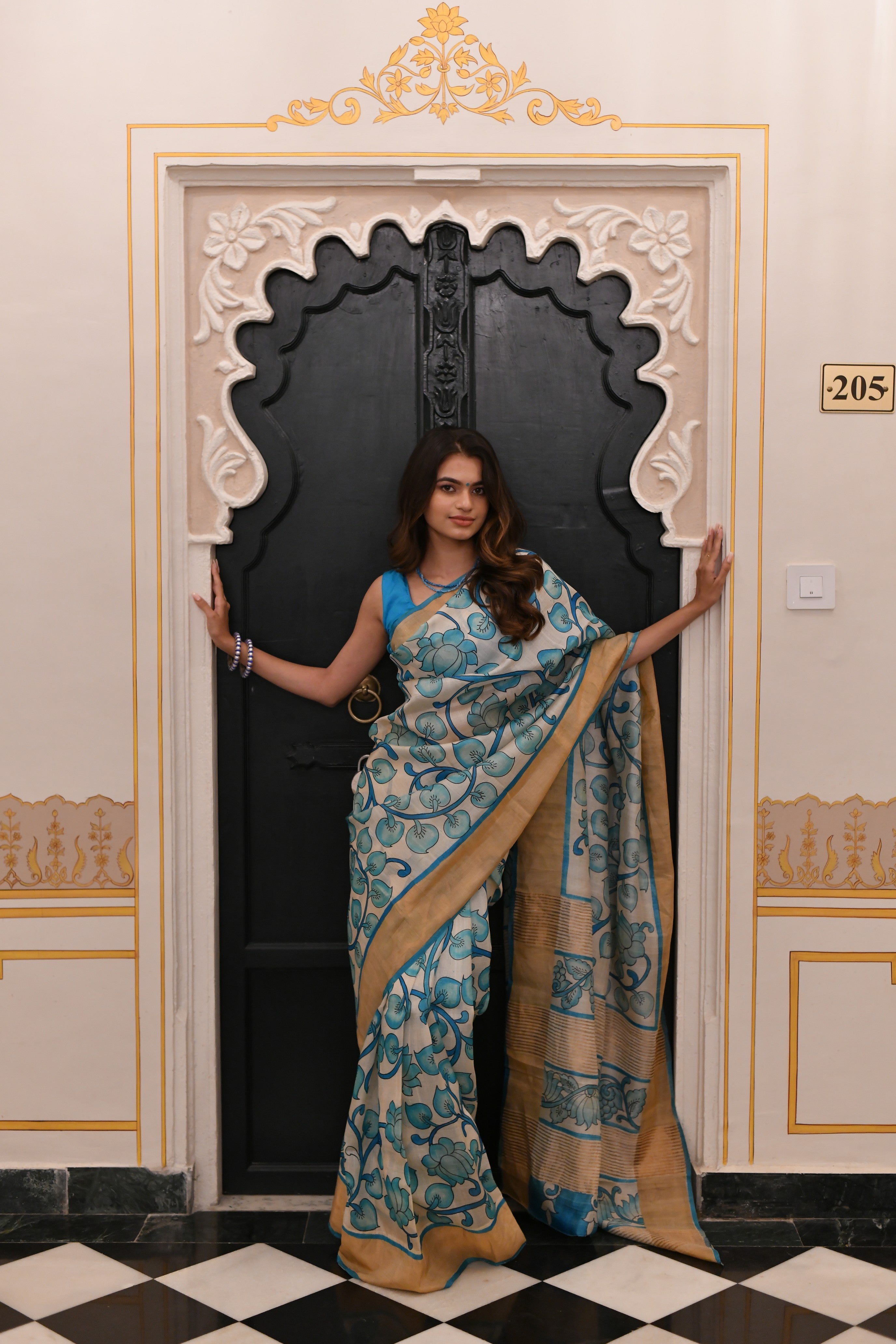 Beige Jari Tussar Saree with Floral Kalamkari Hand Painted and Zari Border | SILK MARK CERTIFIED | Shobitam